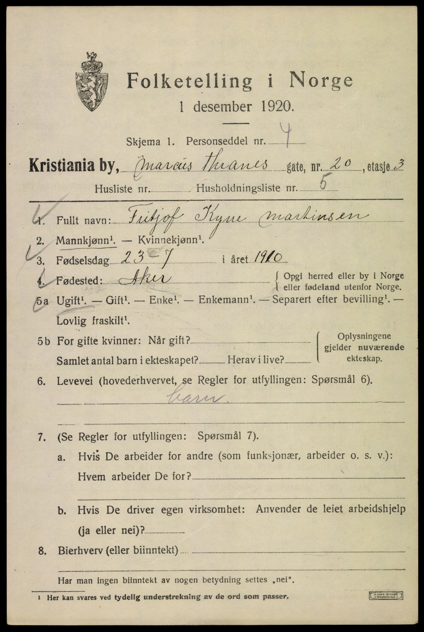 SAO, Folketelling 1920 for 0301 Kristiania kjøpstad, 1920, s. 375443