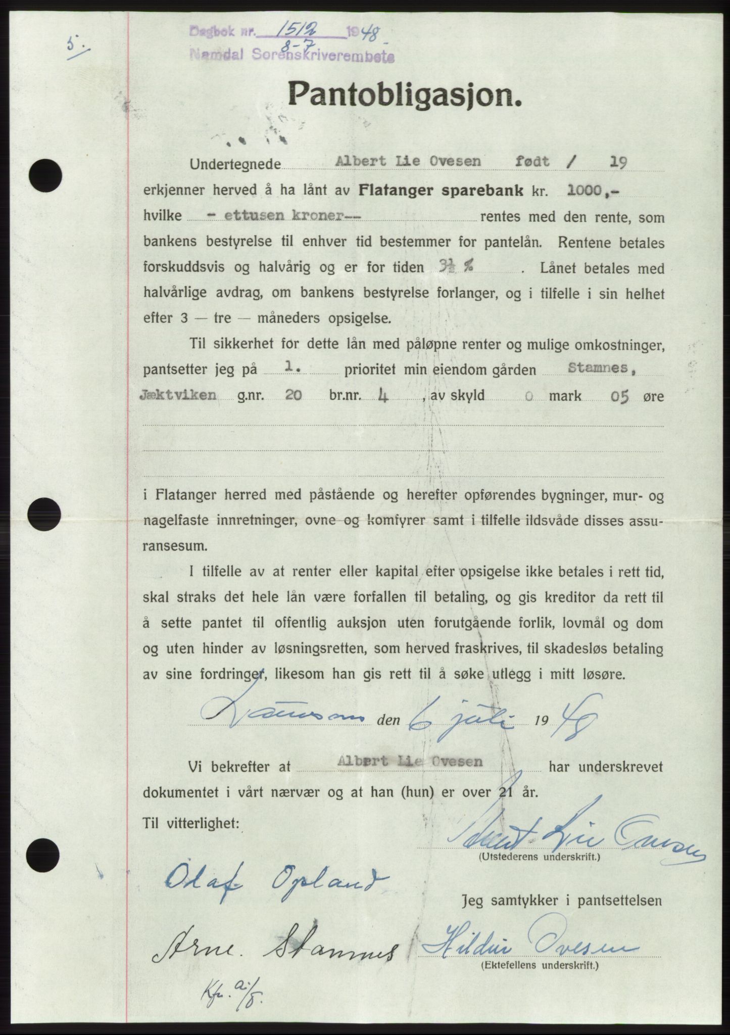 Namdal sorenskriveri, SAT/A-4133/1/2/2C: Pantebok nr. -, 1948-1948, Dagboknr: 1512/1948