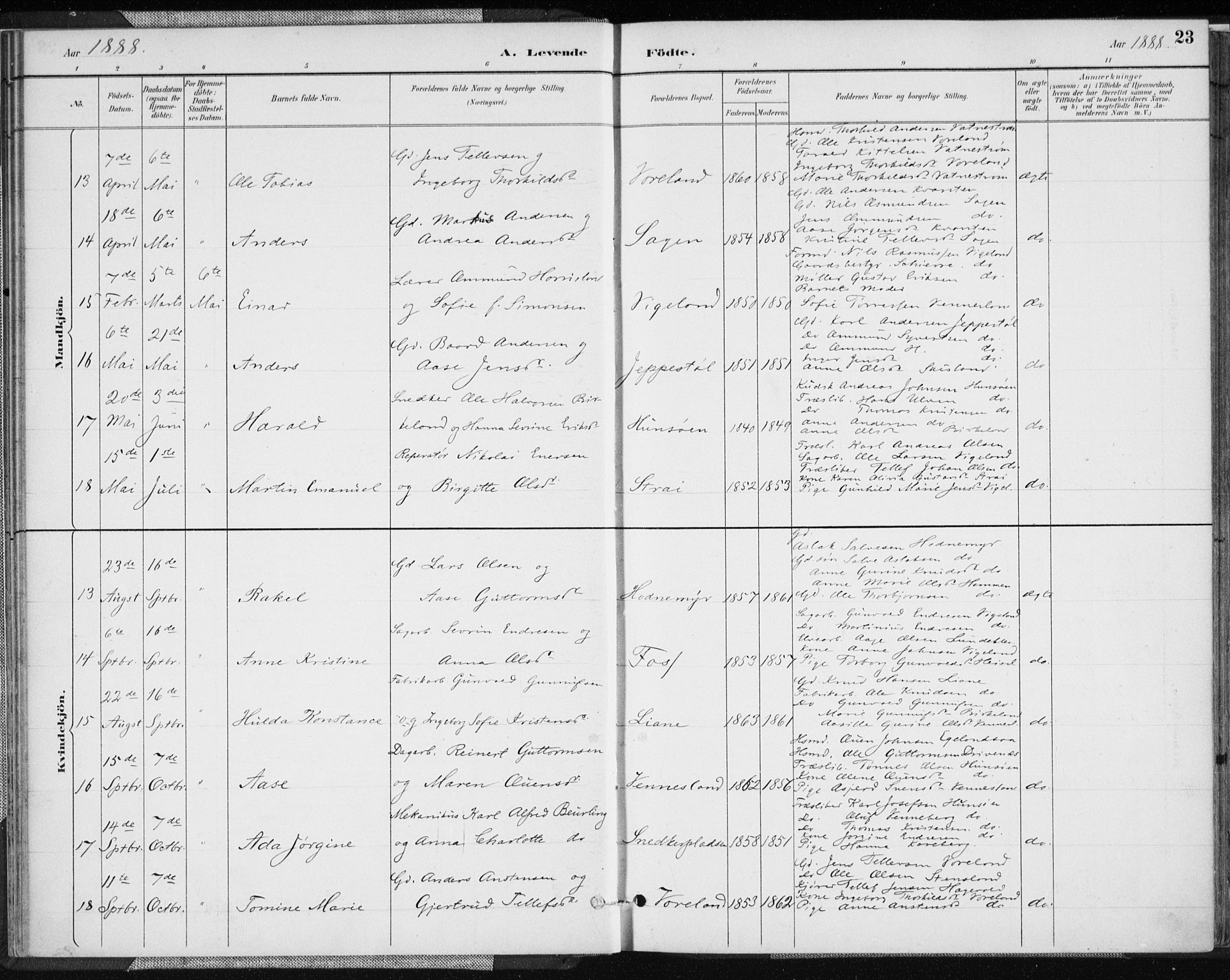 Vennesla sokneprestkontor, AV/SAK-1111-0045/Fa/Fab/L0004: Ministerialbok nr. A 4, 1884-1896, s. 23