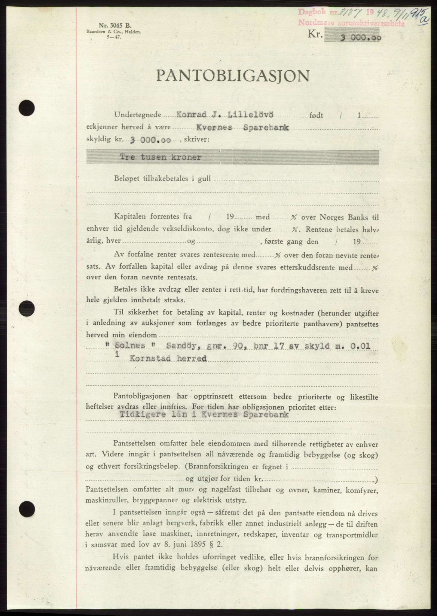 Nordmøre sorenskriveri, SAT/A-4132/1/2/2Ca: Pantebok nr. B99, 1948-1948, Dagboknr: 3137/1948