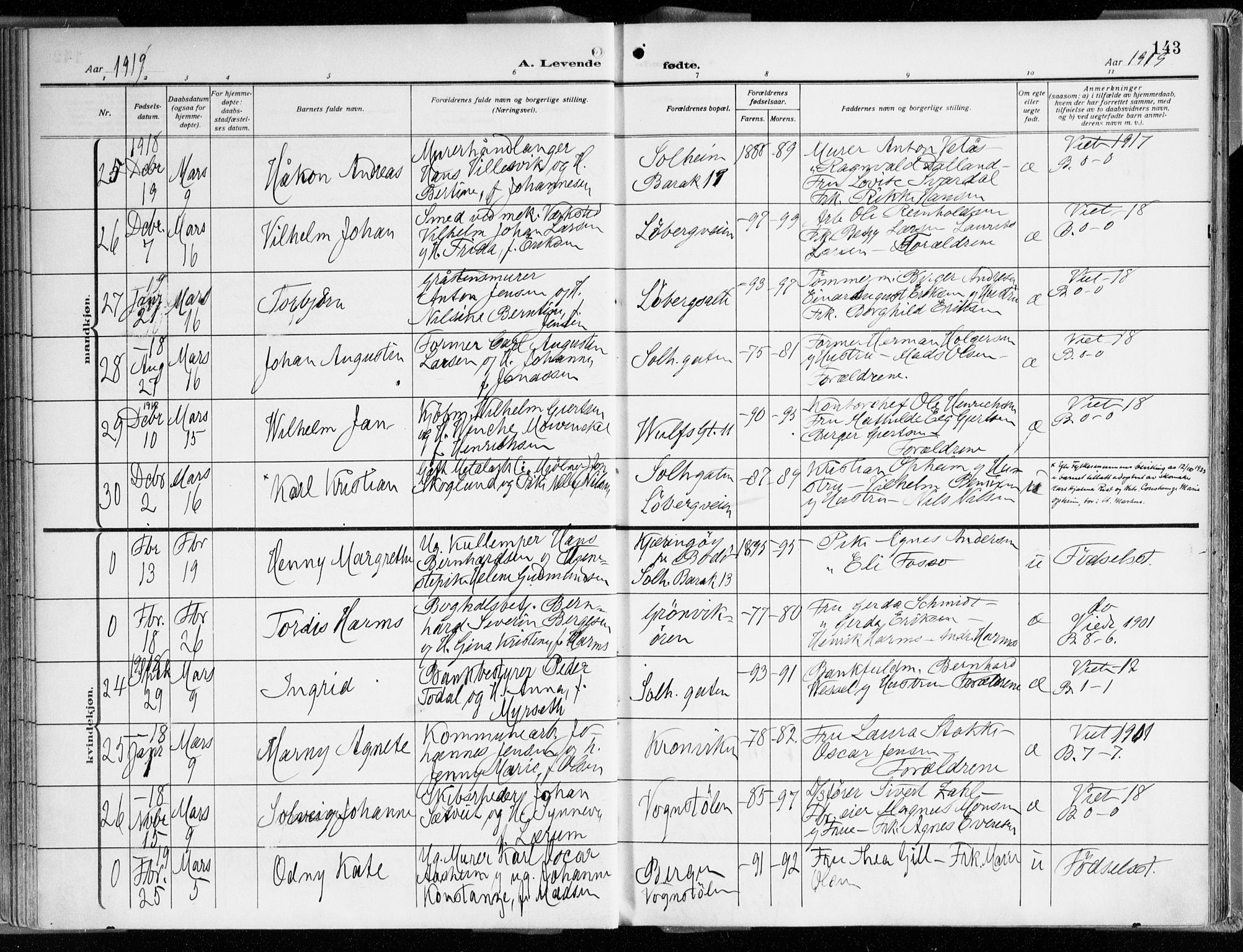 Årstad Sokneprestembete, AV/SAB-A-79301/H/Haa/L0003: Ministerialbok nr. A 3, 1914-1919, s. 143