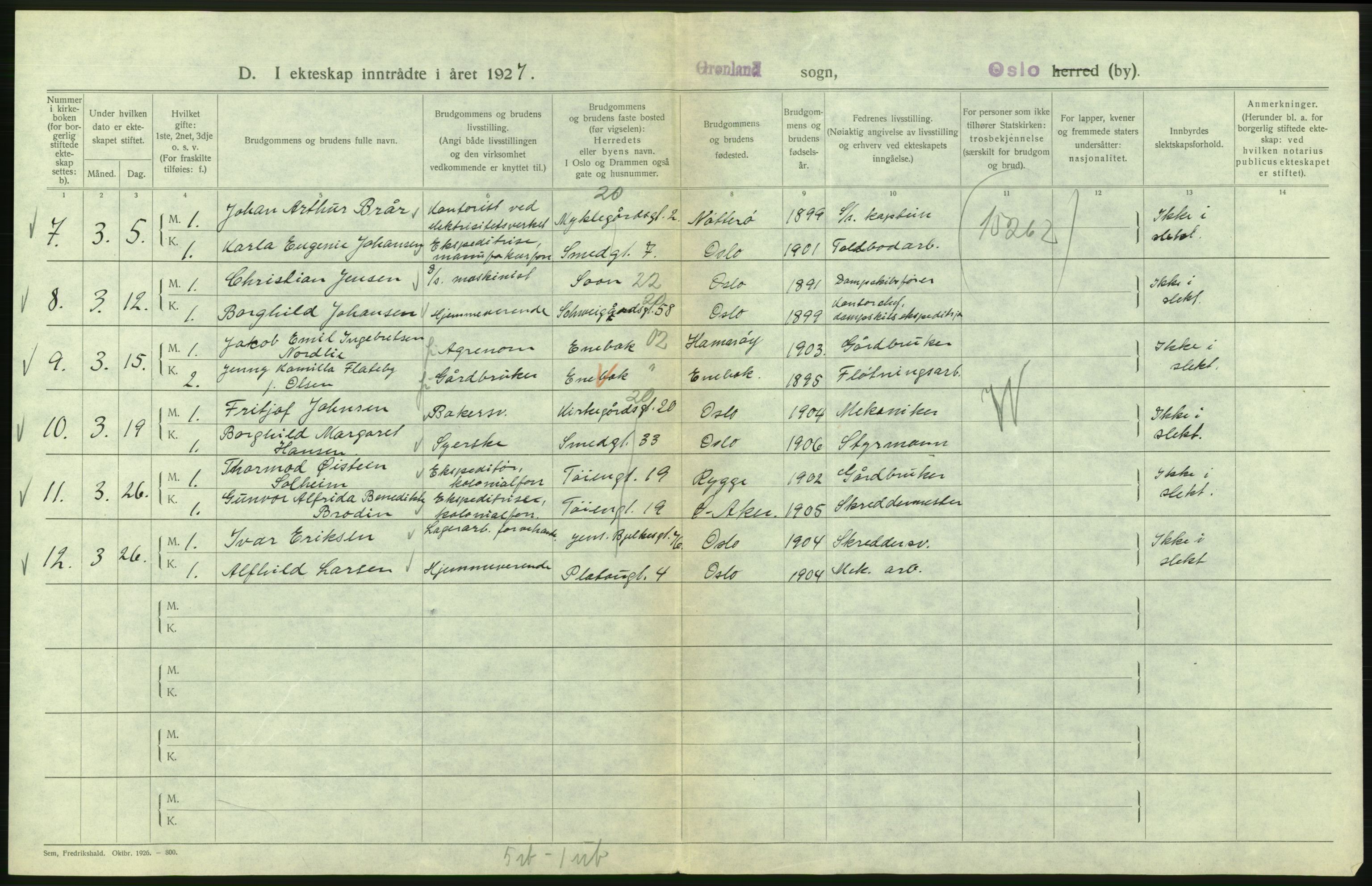 Statistisk sentralbyrå, Sosiodemografiske emner, Befolkning, AV/RA-S-2228/D/Df/Dfc/Dfcg/L0008: Oslo: Gifte, 1927, s. 482