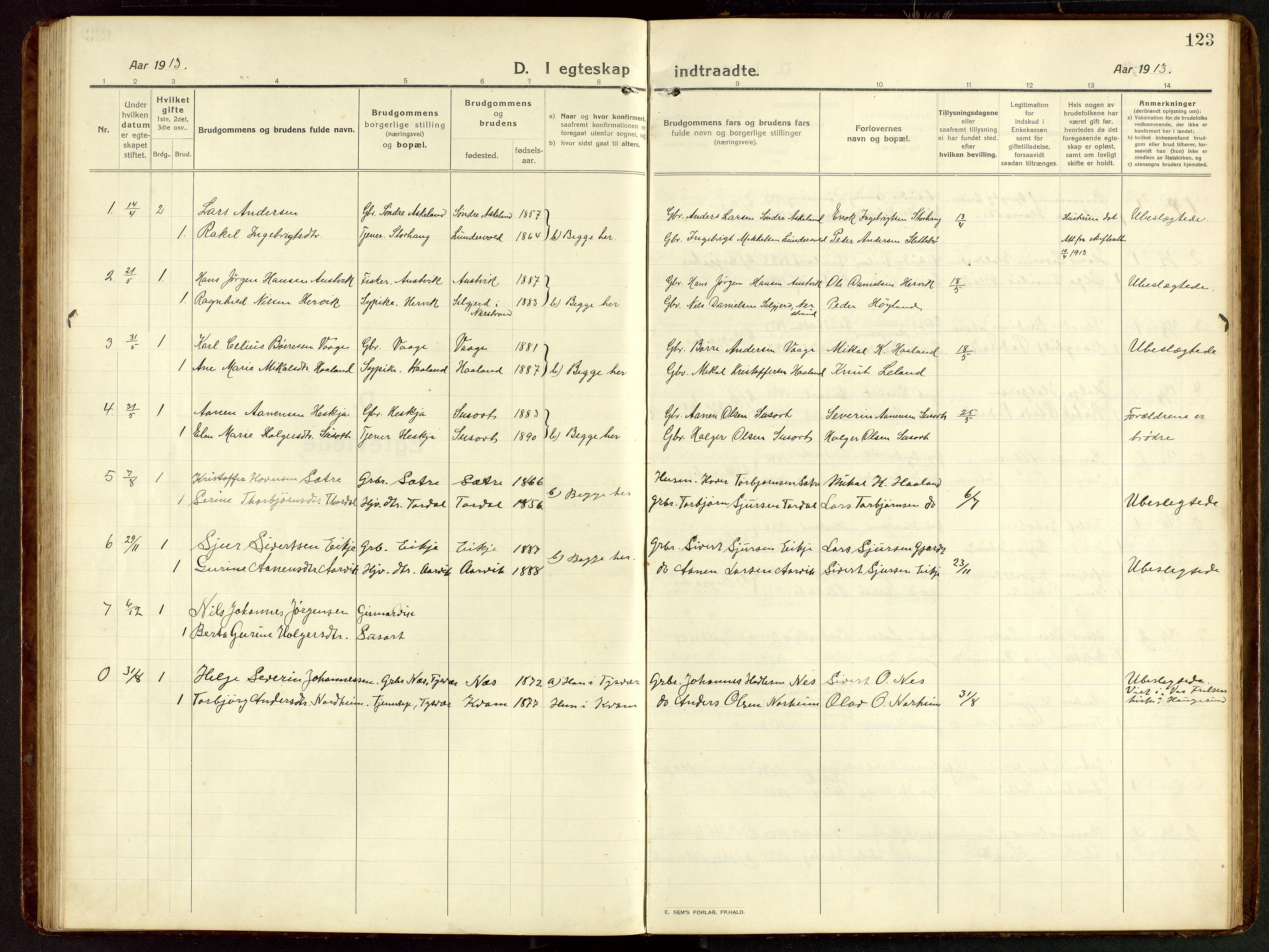 Tysvær sokneprestkontor, AV/SAST-A -101864/H/Ha/Hab/L0011: Klokkerbok nr. B 11, 1913-1946, s. 123