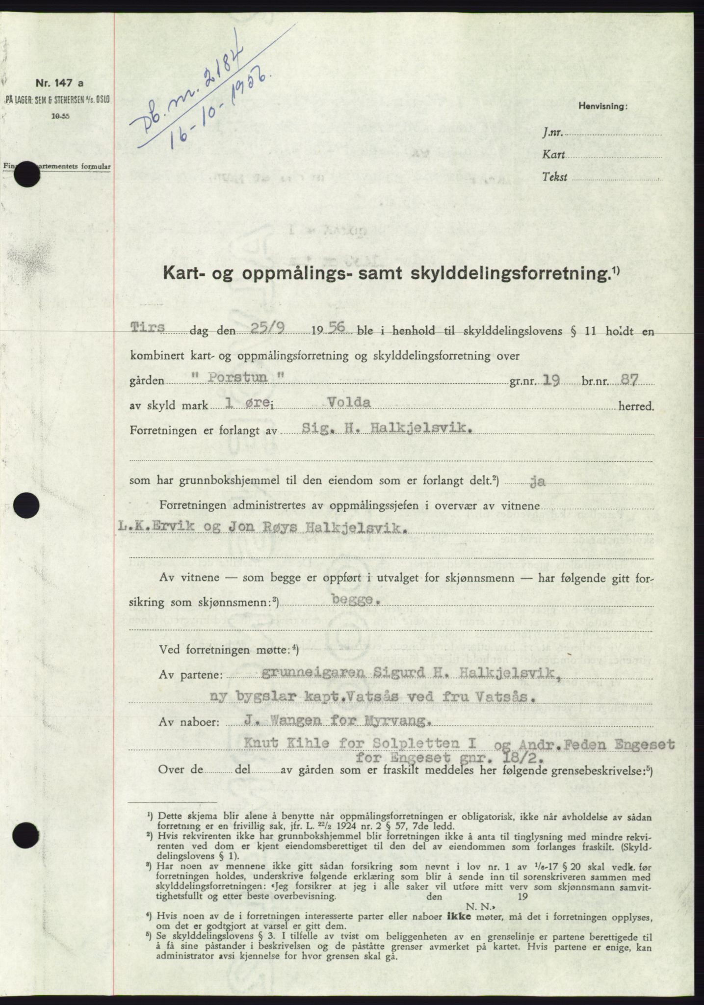 Søre Sunnmøre sorenskriveri, AV/SAT-A-4122/1/2/2C/L0104: Pantebok nr. 30A, 1956-1956, Dagboknr: 2184/1956