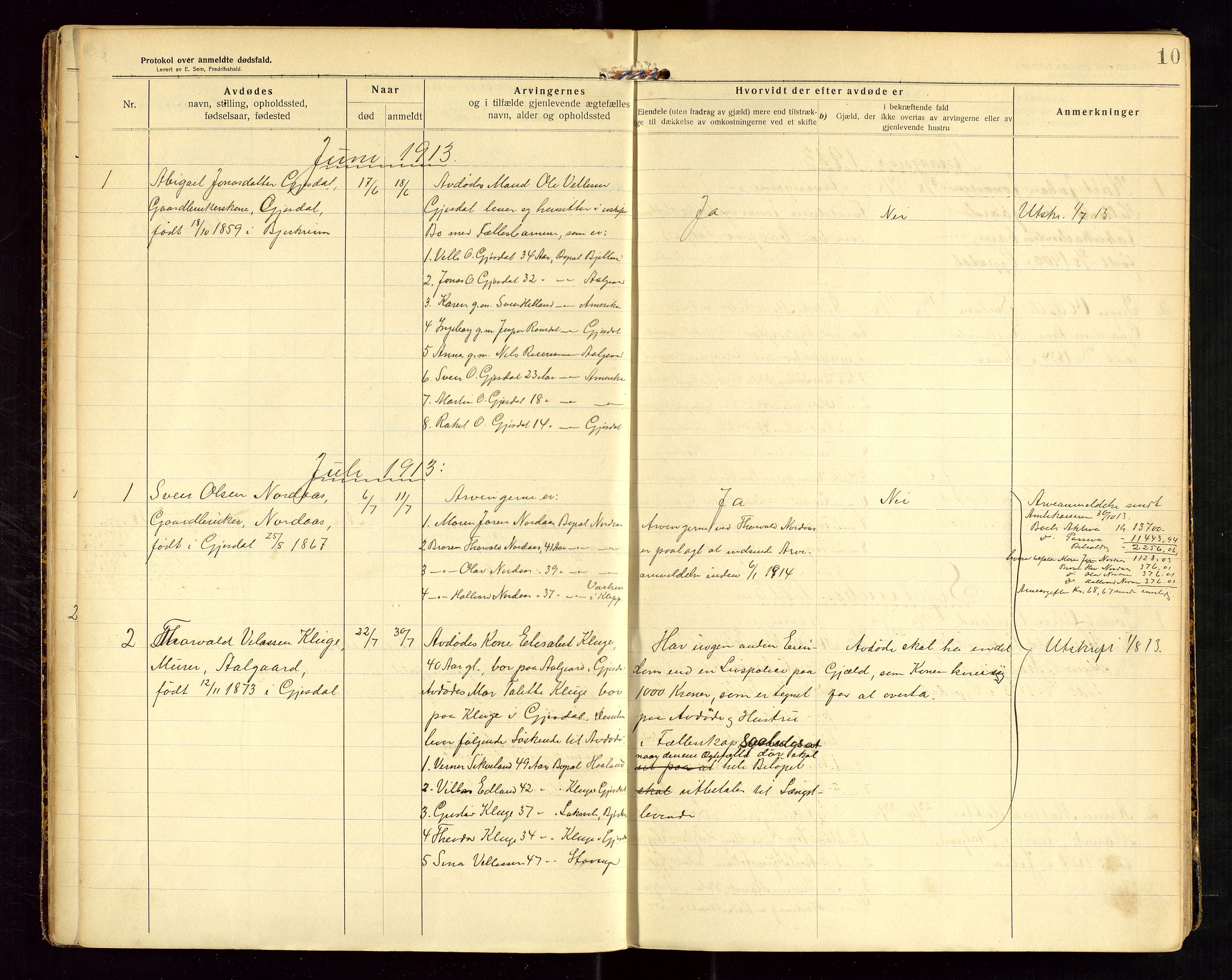 Gjesdal lensmannskontor, SAST/A-100441/Gga/L0002: Dødsfallprotokoll, 1911-1933, s. 10