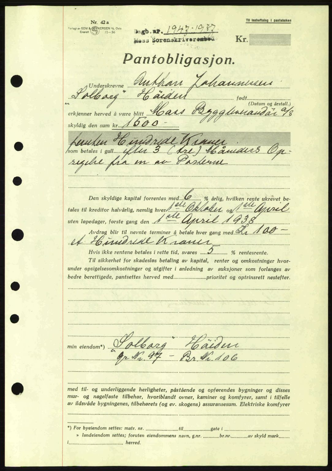 Moss sorenskriveri, SAO/A-10168: Pantebok nr. B4, 1937-1938, Dagboknr: 1947/1937