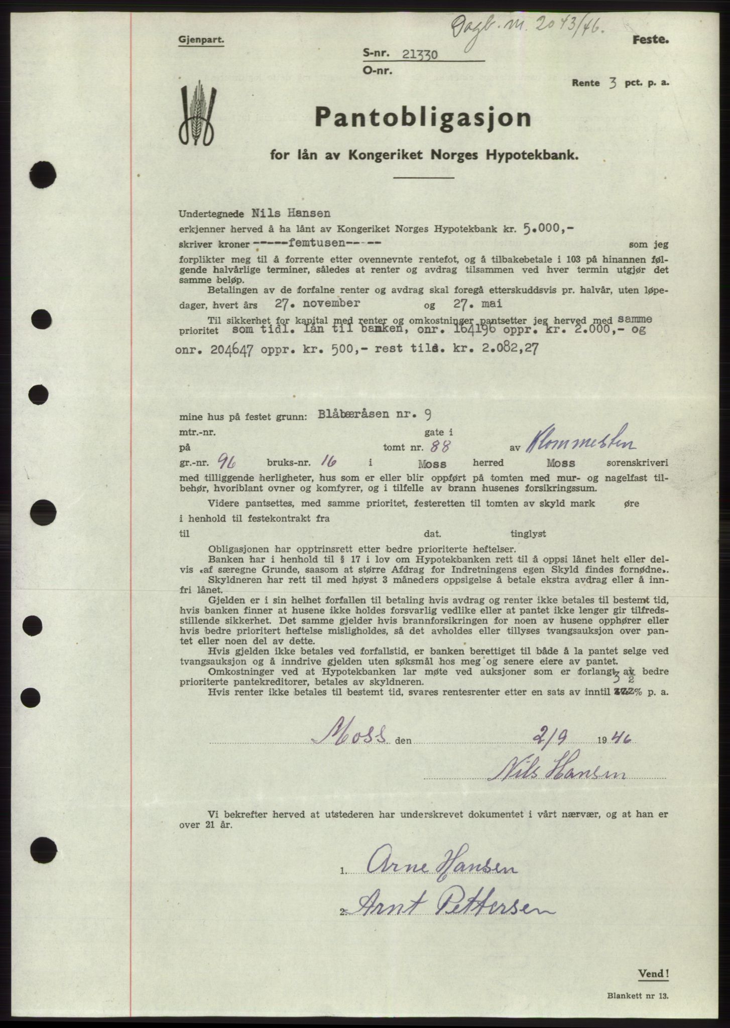 Moss sorenskriveri, SAO/A-10168: Pantebok nr. B15, 1946-1946, Dagboknr: 2043/1946