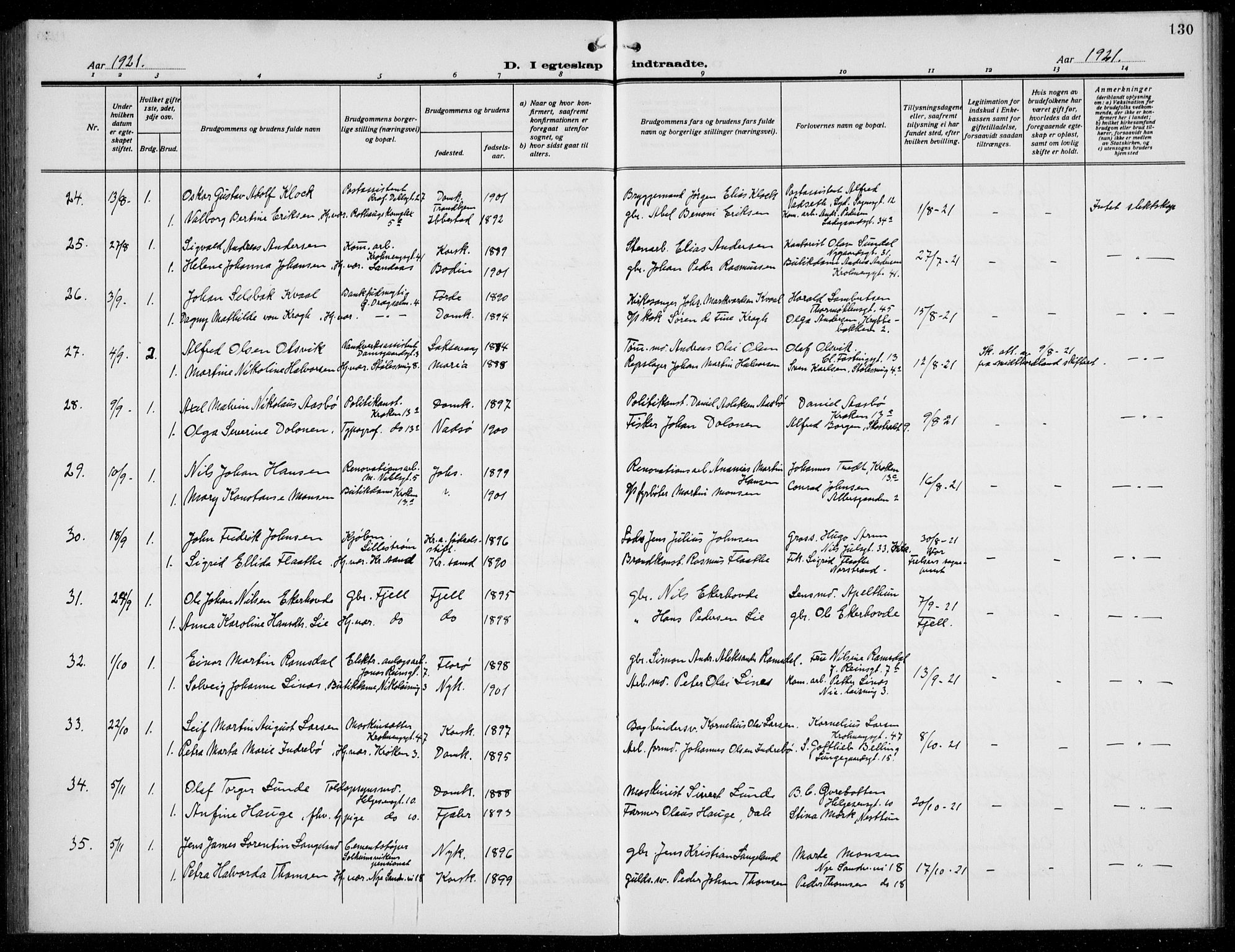 Mariakirken Sokneprestembete, AV/SAB-A-76901/H/Hab/L0010: Klokkerbok nr. A 10, 1920-1937, s. 130