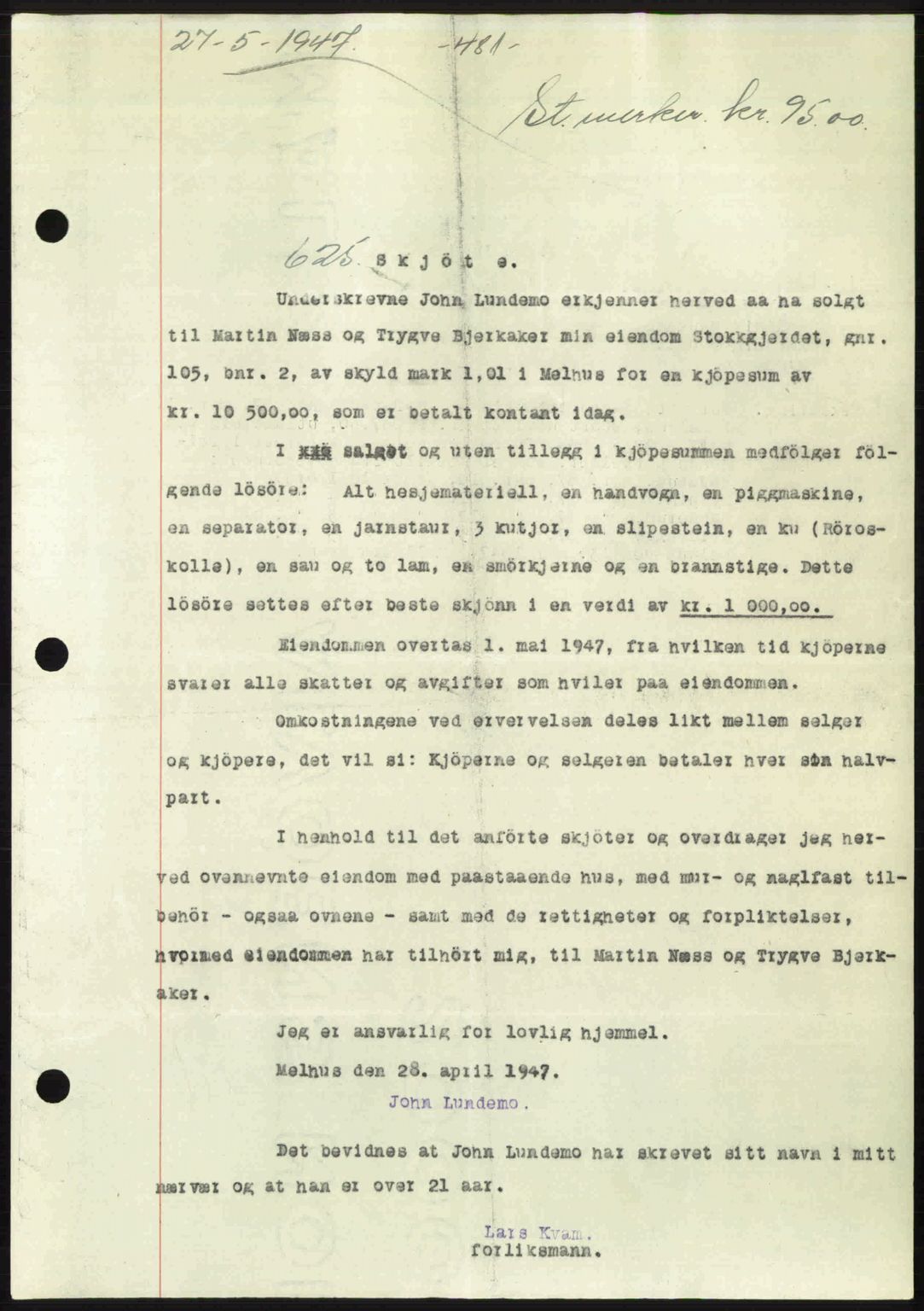 Gauldal sorenskriveri, SAT/A-0014/1/2/2C: Pantebok nr. A3, 1947-1947, Dagboknr: 625/1947