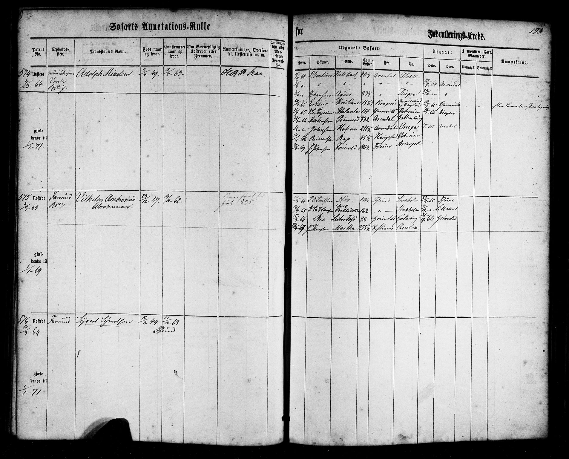 Farsund mønstringskrets, AV/SAK-2031-0017/F/Fa/L0004: Annotasjonsrulle nr 1-795 med register, Z-1, 1860-1865, s. 223