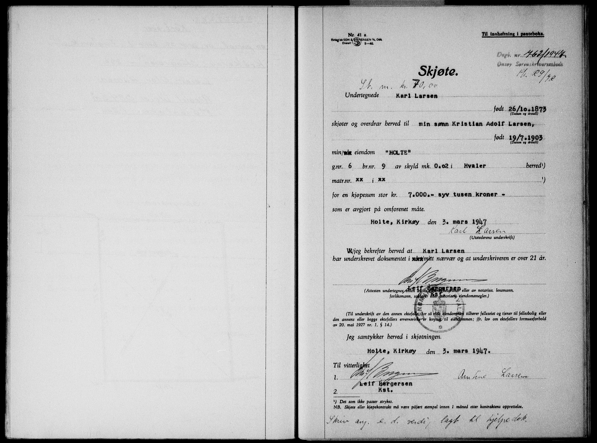Onsøy sorenskriveri, SAO/A-10474/G/Ga/Gab/L0019a: Pantebok nr. II A-19, 1947-1947, Dagboknr: 762/1947