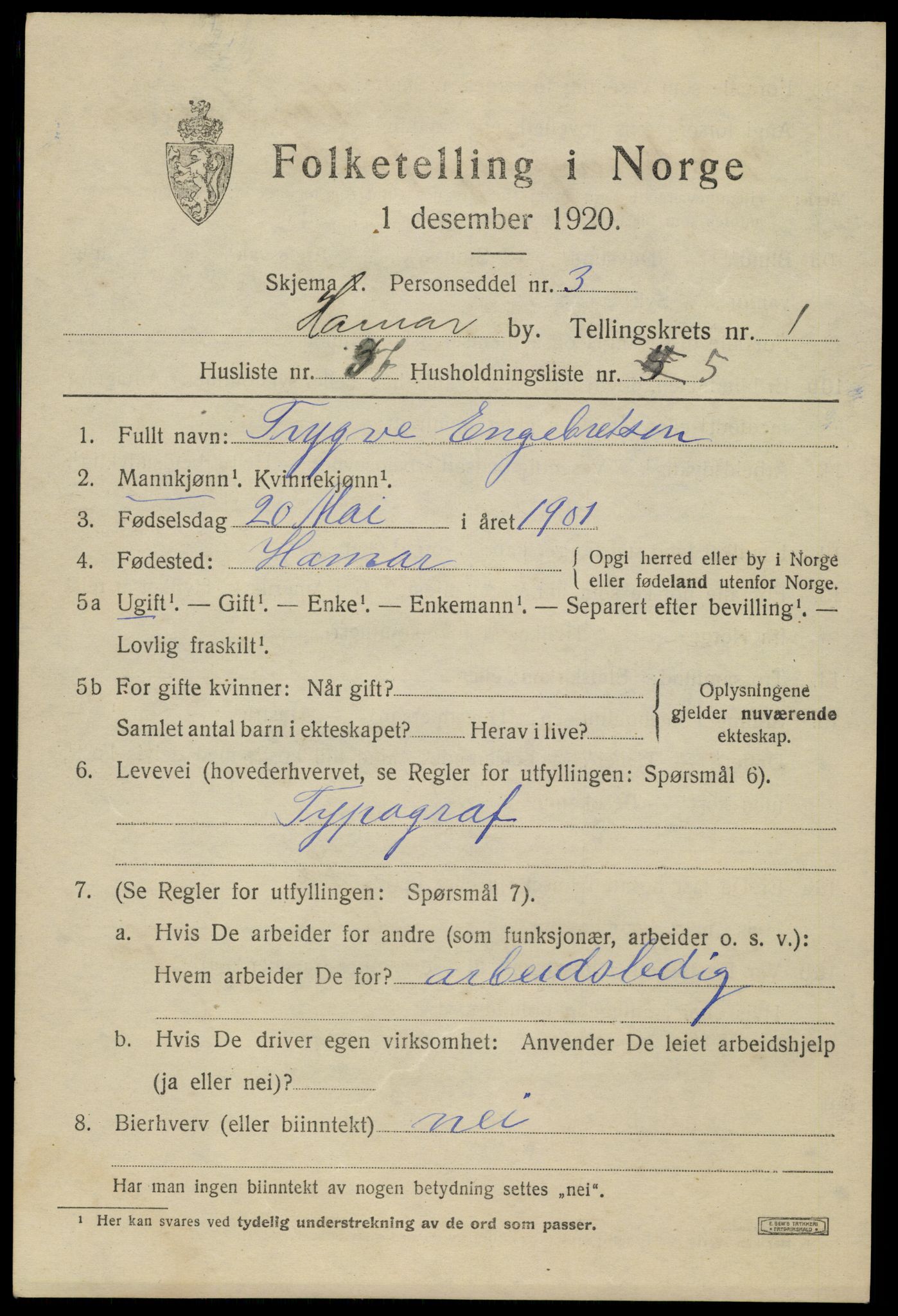 SAH, Folketelling 1920 for 0401 Hamar kjøpstad, 1920, s. 5085