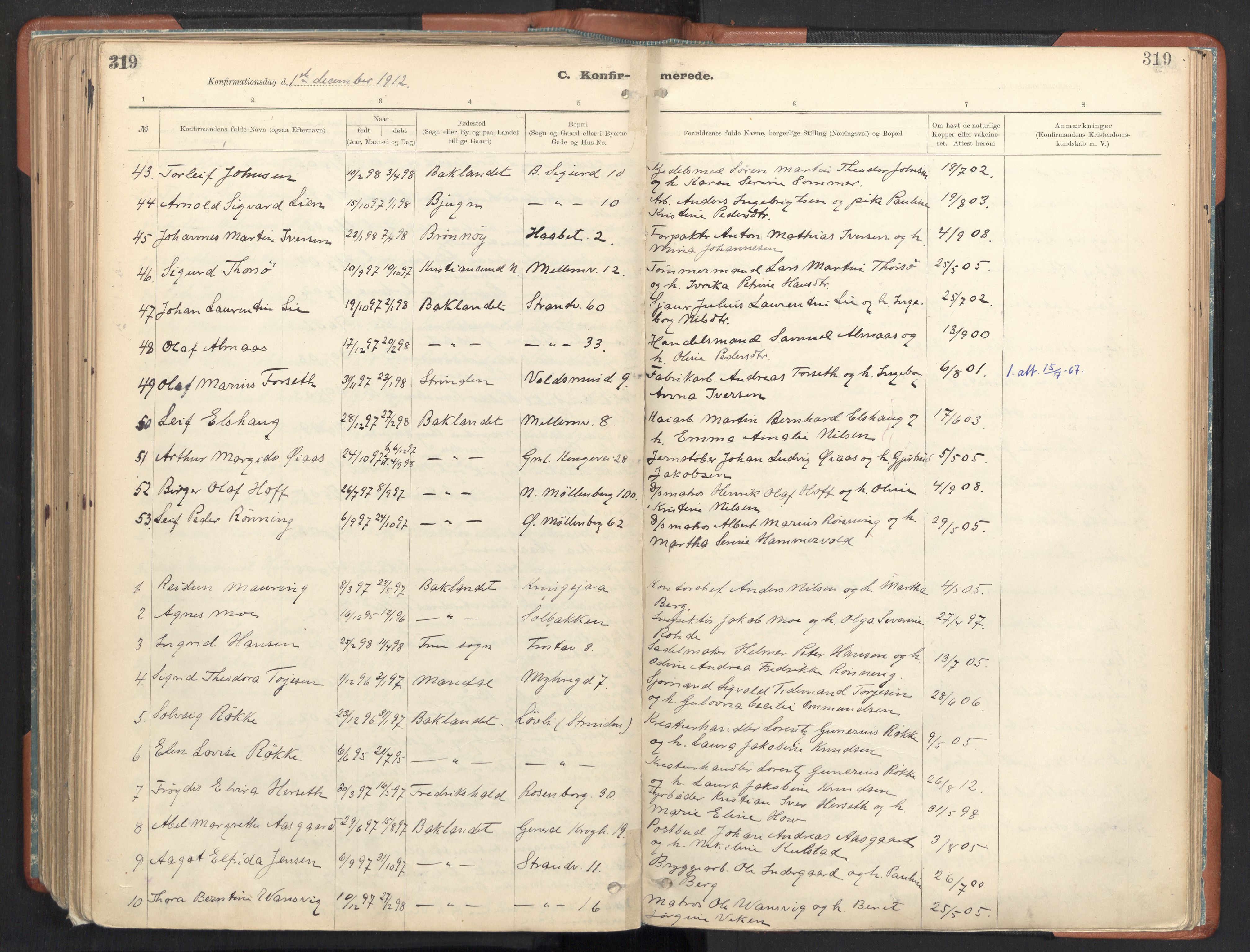 Ministerialprotokoller, klokkerbøker og fødselsregistre - Sør-Trøndelag, AV/SAT-A-1456/605/L0243: Ministerialbok nr. 605A05, 1908-1923, s. 319