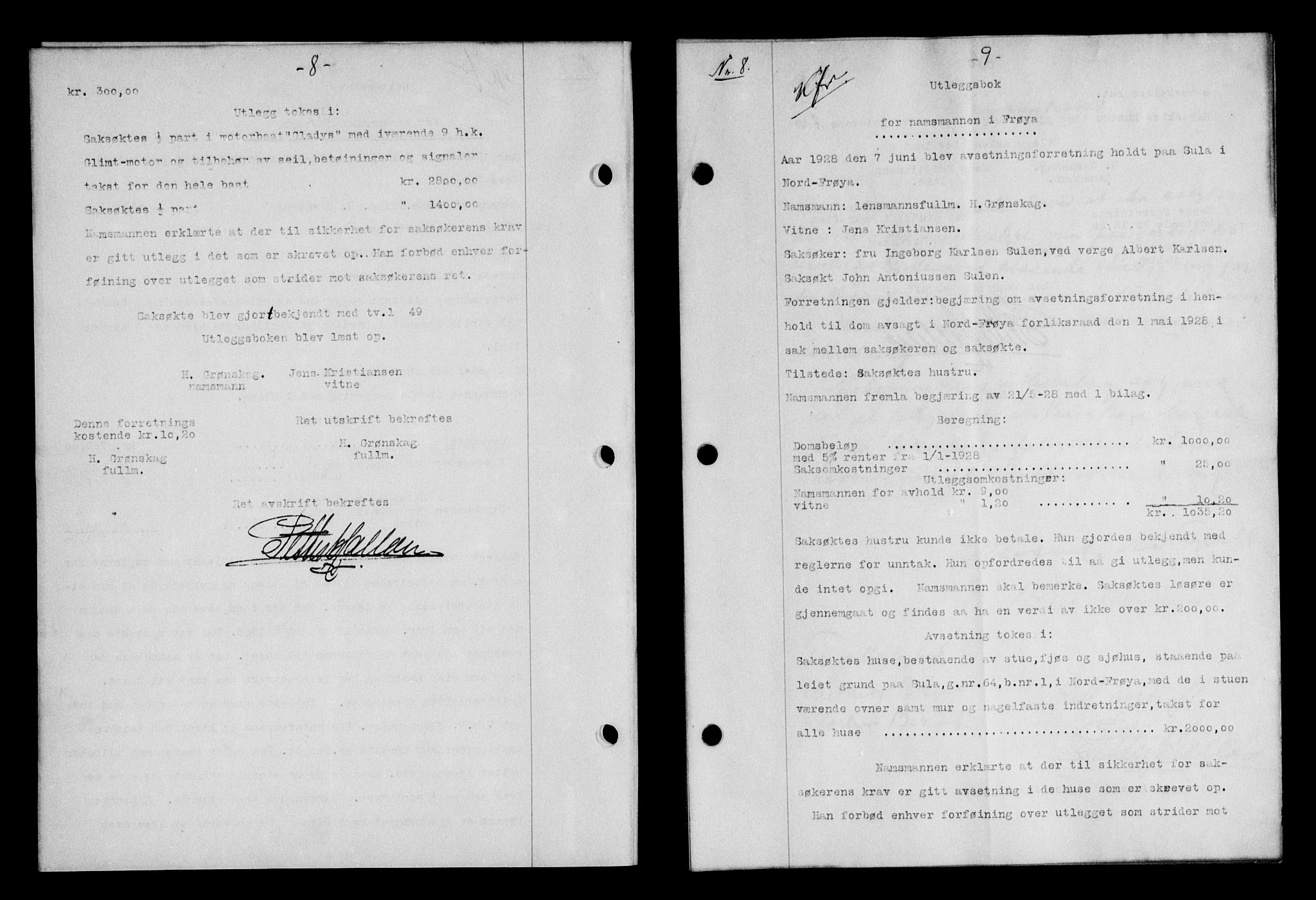 Hitra sorenskriveri, AV/SAT-A-0018/2/2C/2Ca/L0010: Pantebok nr. 10, 1928-1929, s. 8-9