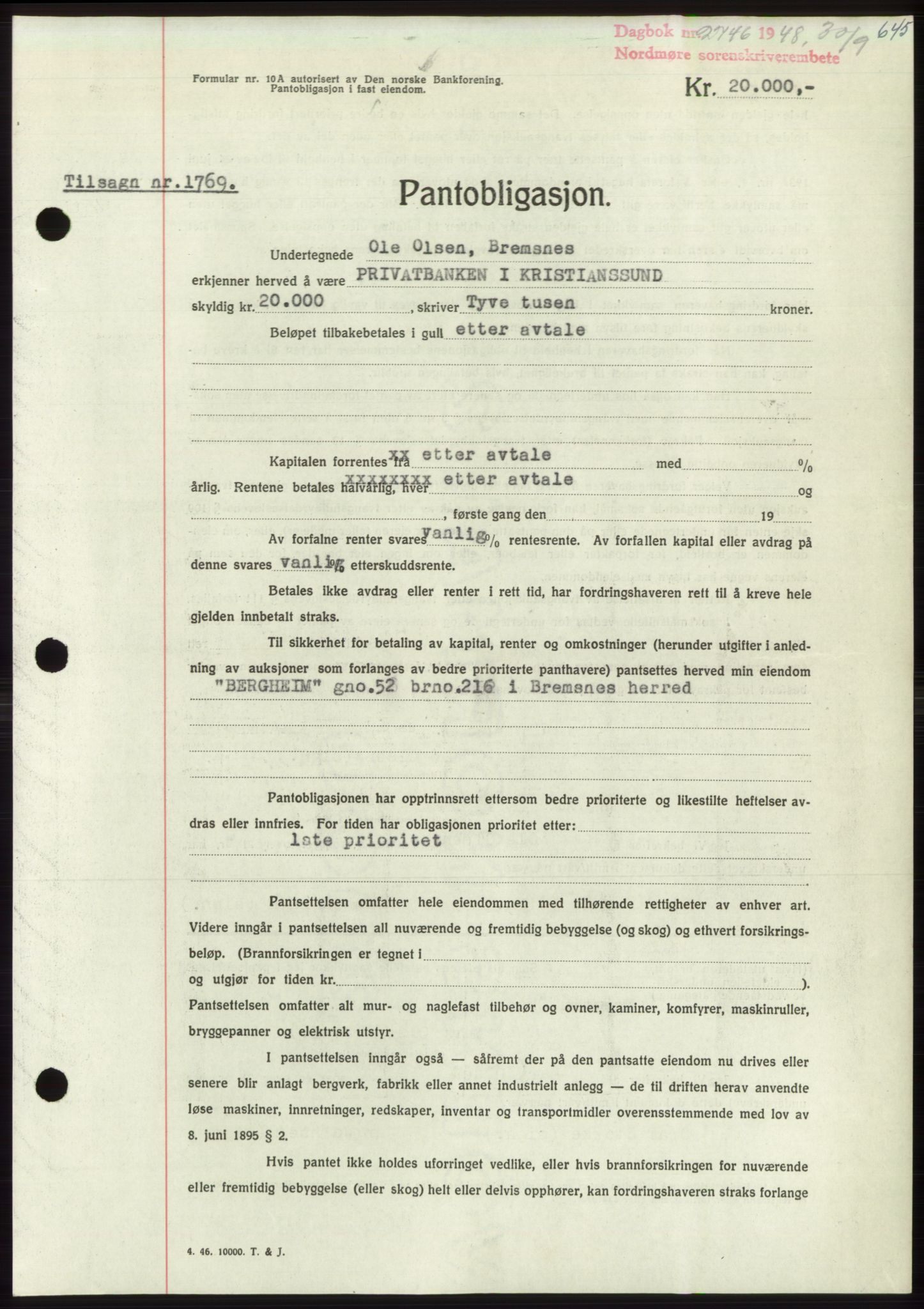 Nordmøre sorenskriveri, SAT/A-4132/1/2/2Ca: Pantebok nr. B99, 1948-1948, Dagboknr: 2746/1948
