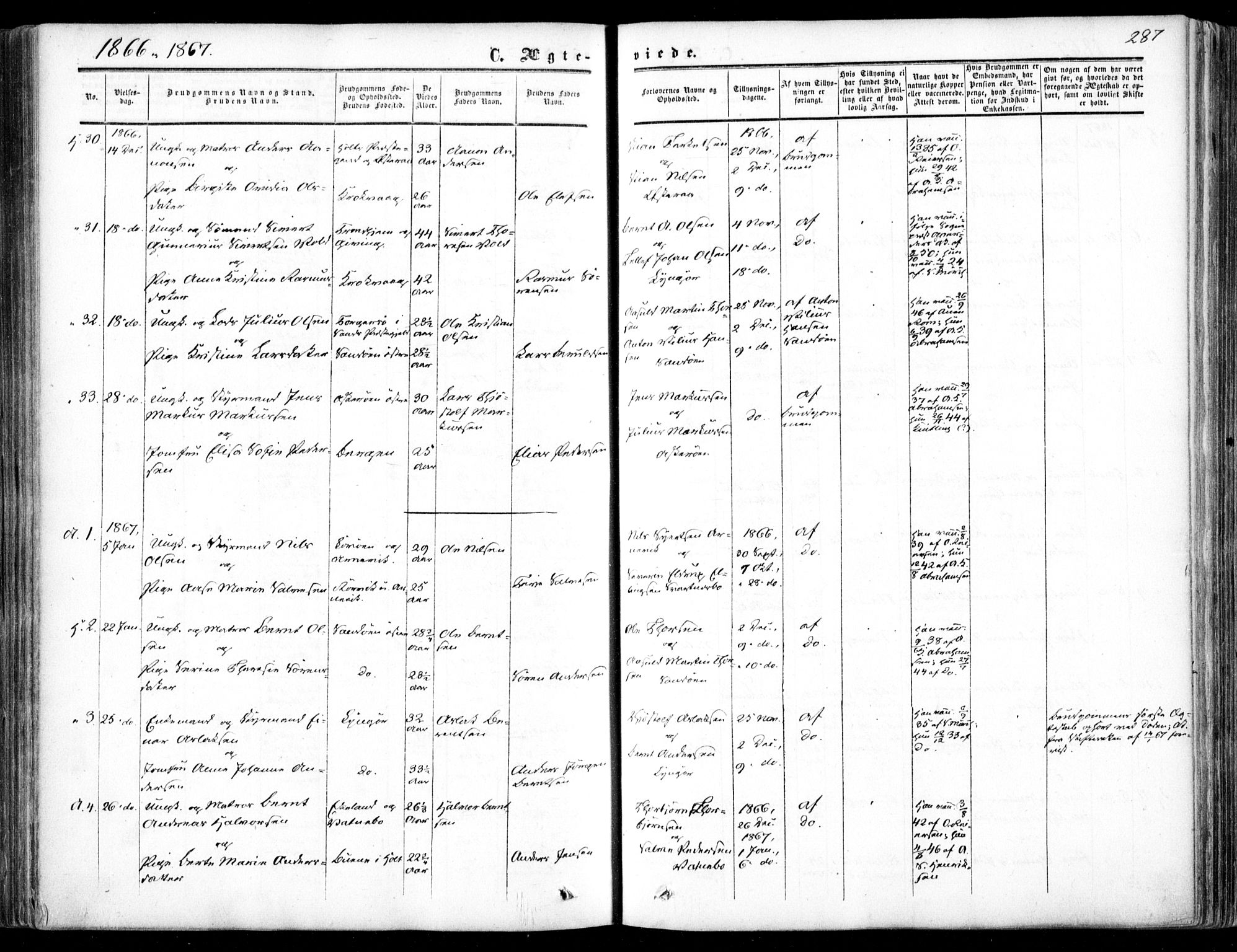 Dypvåg sokneprestkontor, AV/SAK-1111-0007/F/Fa/Faa/L0006: Ministerialbok nr. A 6, 1855-1872, s. 287