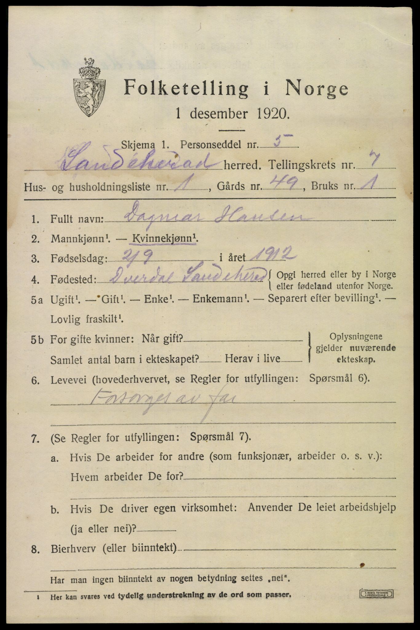 SAKO, Folketelling 1920 for 0724 Sandeherred herred, 1920, s. 11922