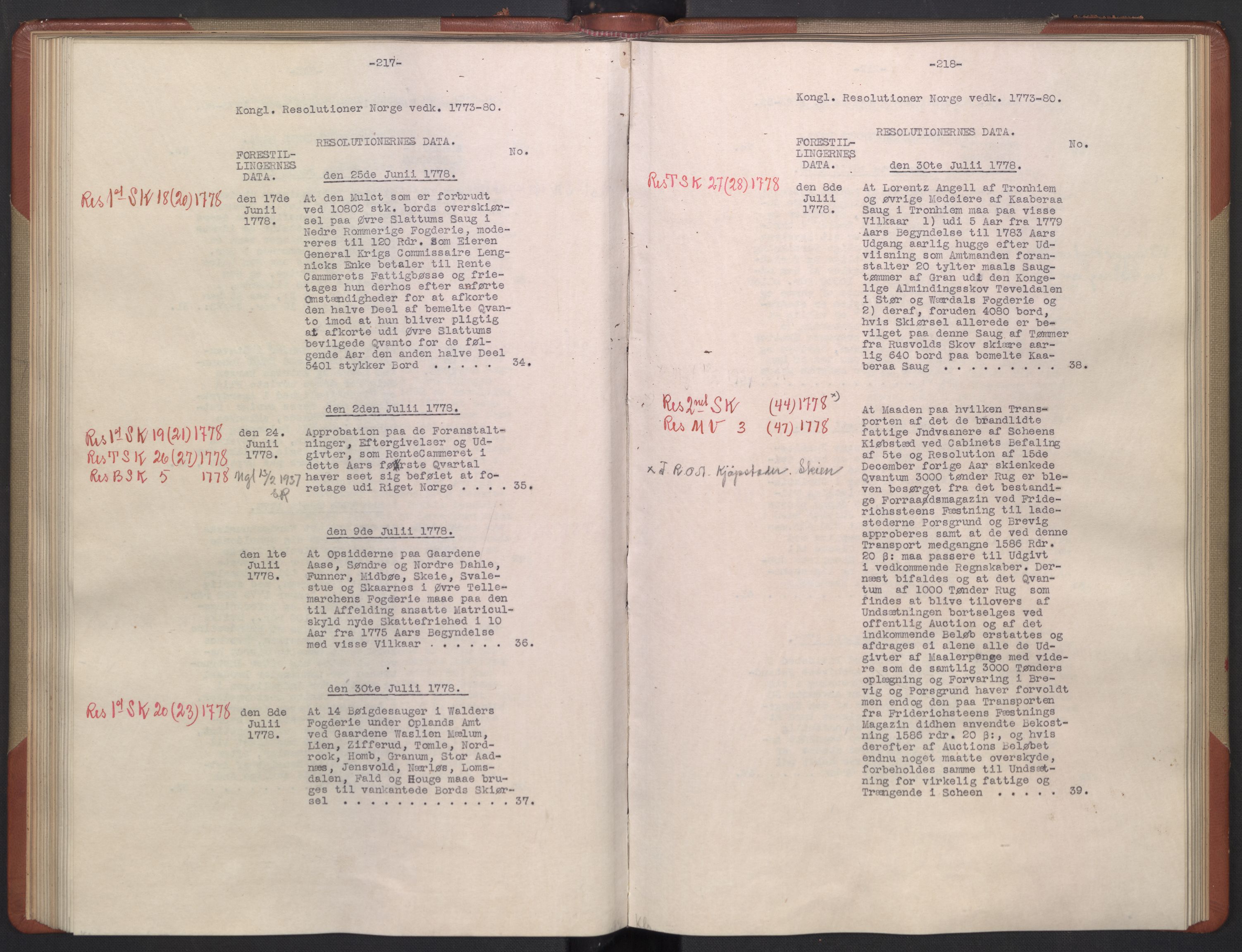 Avskriftsamlingen, AV/RA-EA-4022/F/Fb/L0122: Registratur over norske Relasjons- og resolusjonsprotokoller, 1773-1780, s. 67