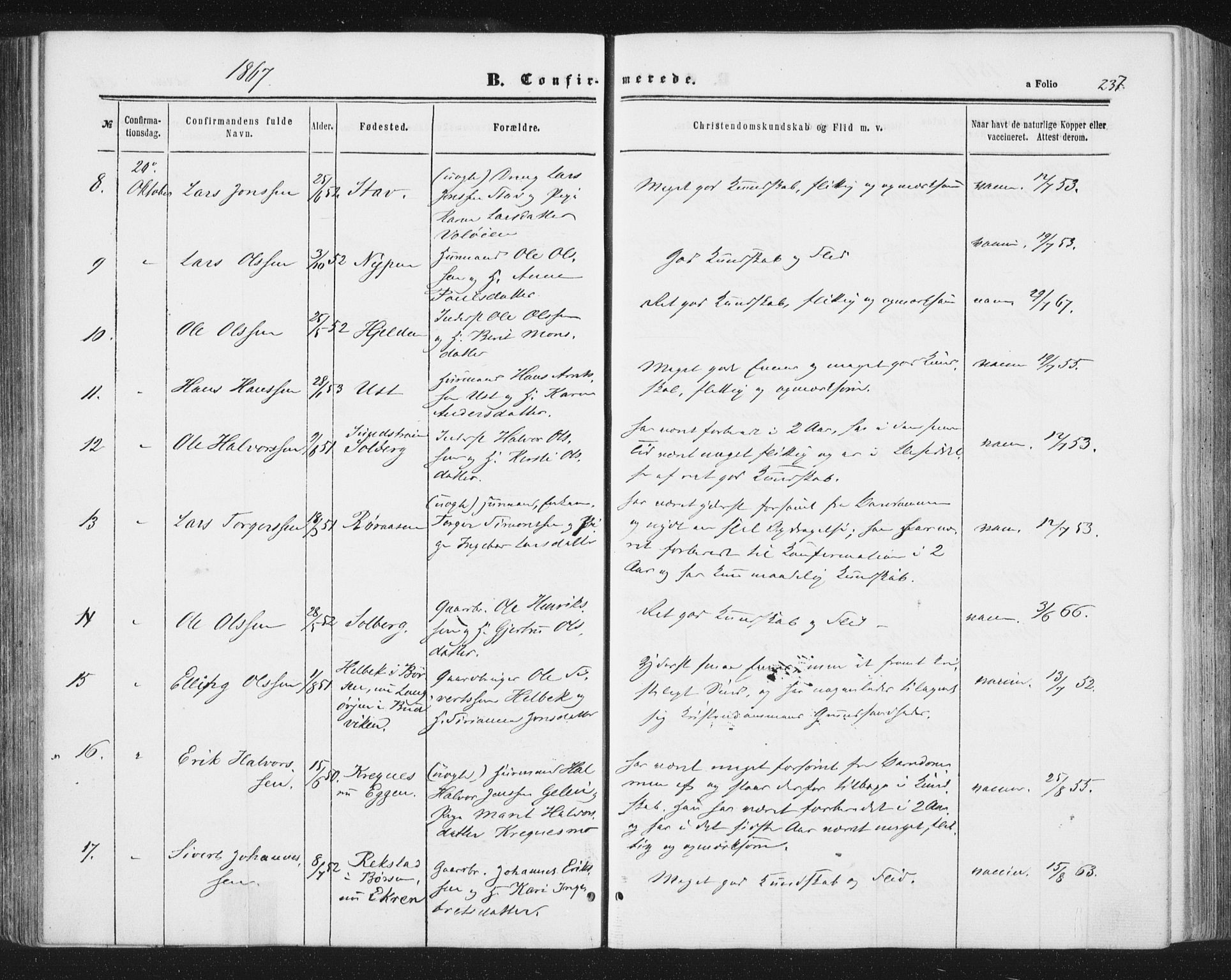 Ministerialprotokoller, klokkerbøker og fødselsregistre - Sør-Trøndelag, SAT/A-1456/691/L1077: Ministerialbok nr. 691A09, 1862-1873, s. 237