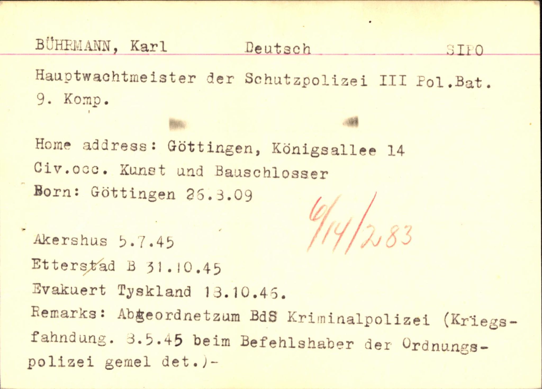 Forsvaret, Forsvarets overkommando II, RA/RAFA-3915/D/Db/L0005: CI Questionaires. Tyske okkupasjonsstyrker i Norge. Tyskere., 1945-1946, s. 74