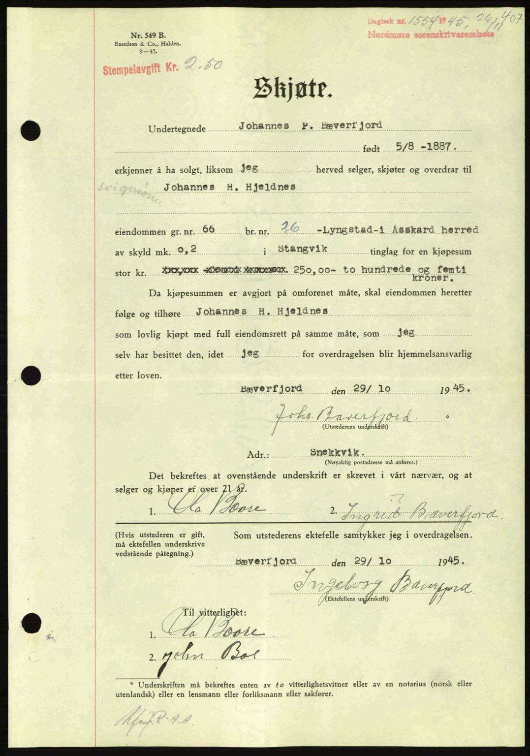 Nordmøre sorenskriveri, AV/SAT-A-4132/1/2/2Ca: Pantebok nr. A100a, 1945-1945, Dagboknr: 1554/1945