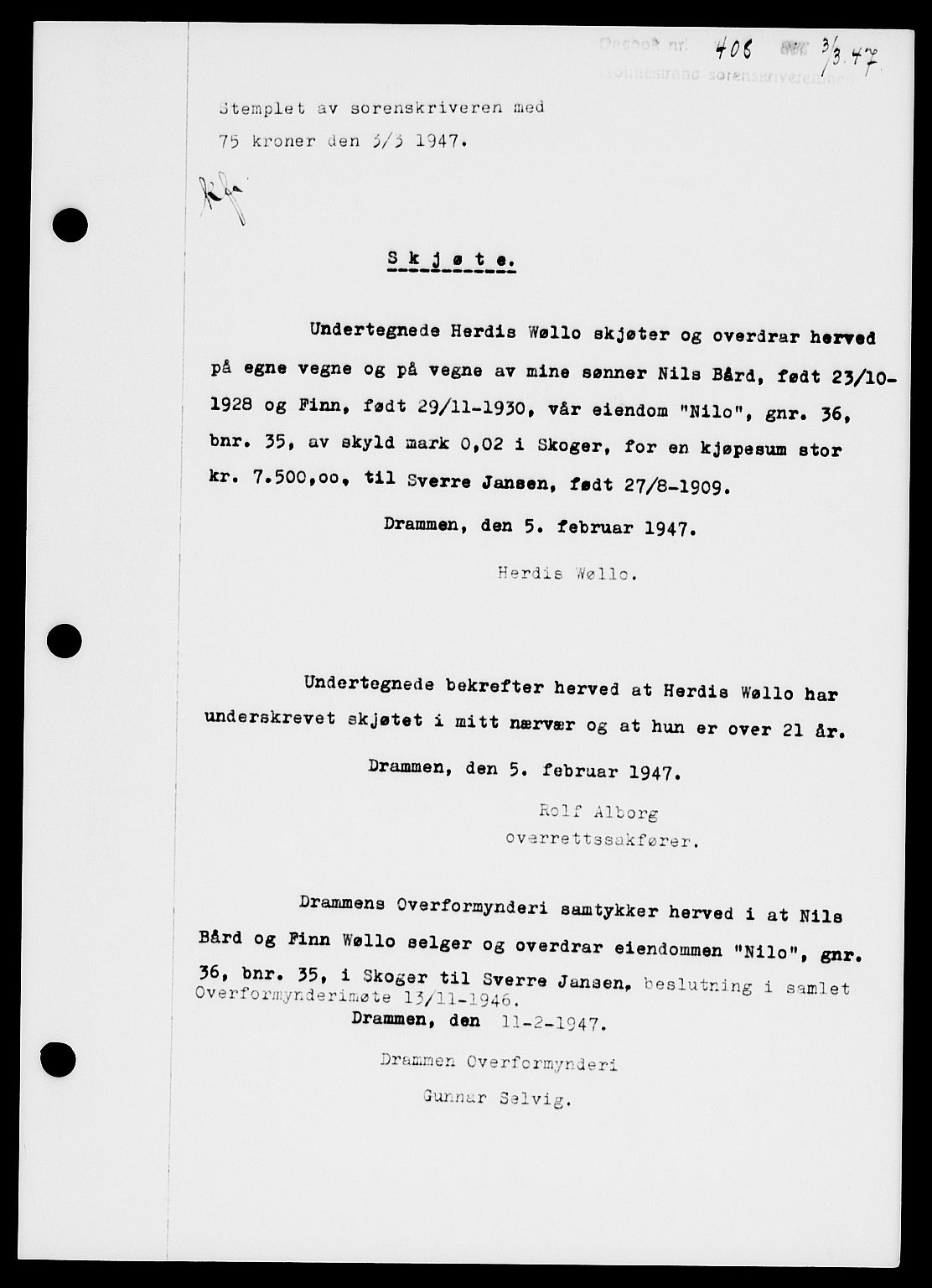 Holmestrand sorenskriveri, SAKO/A-67/G/Ga/Gaa/L0061: Pantebok nr. A-61, 1946-1947, Dagboknr: 408/1947