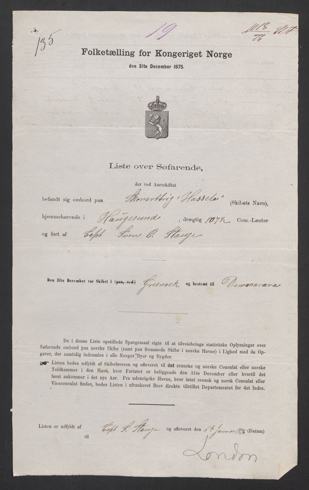 RA, Folketelling 1875, skipslister: Skip i utenrikske havner, hjemmehørende i 1) byer og ladesteder, Grimstad - Tromsø, 2) landdistrikter, 1875, s. 805