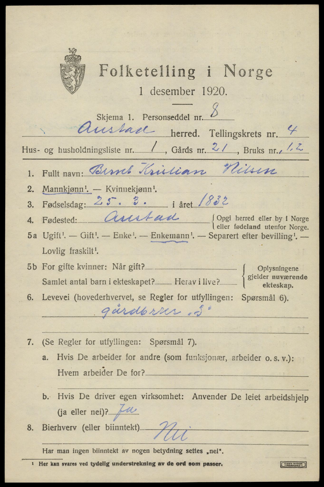 SAK, Folketelling 1920 for 1031 Austad herred, 1920, s. 1419