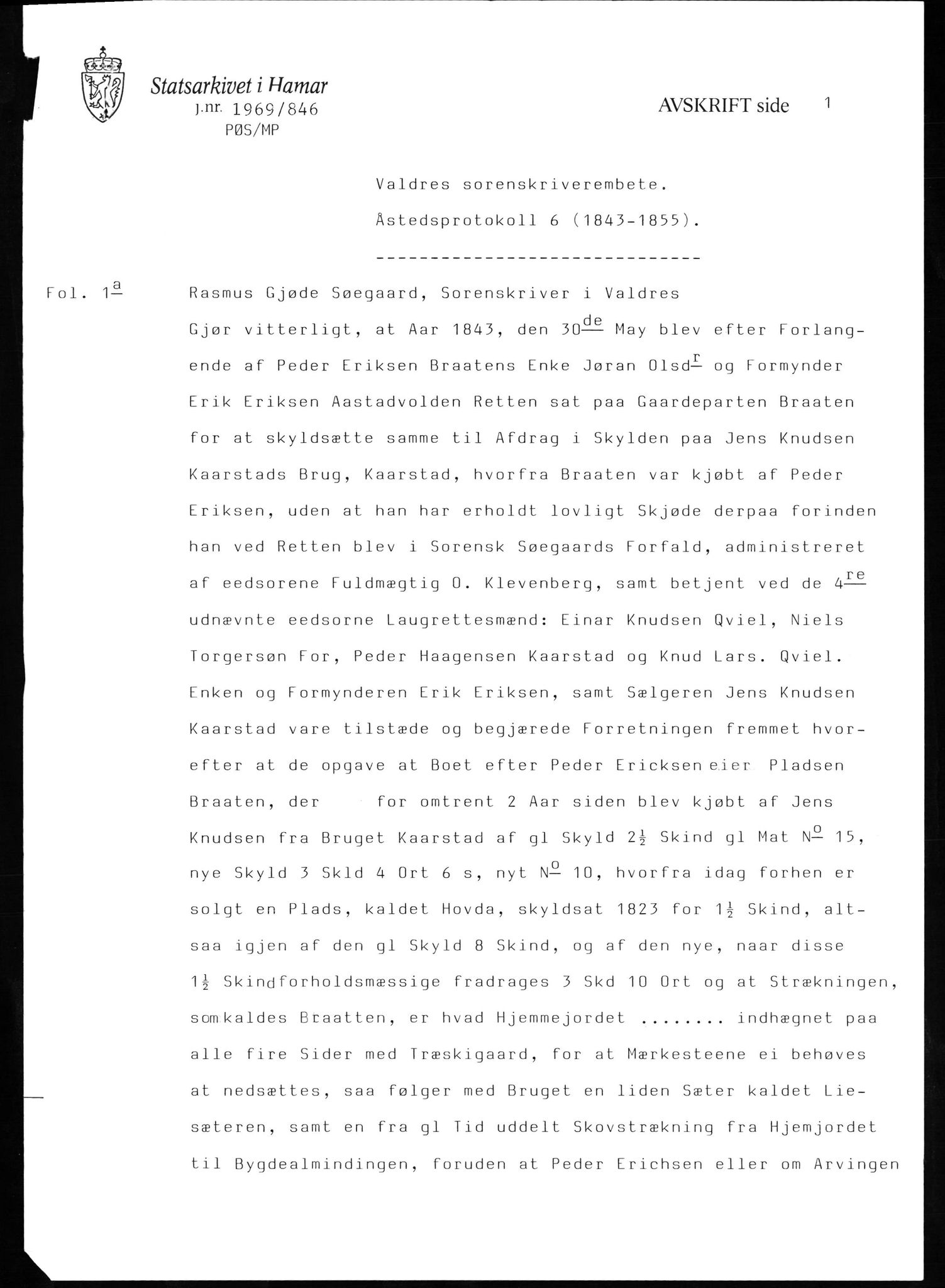 Avskriftssamlingen ved Statsarkivet i Hamar, AV/SAH-AVSKRIFT-001/H/Hi/Hic/L0006: Ekstrarettsprotokoll for åstedssaker, 1843-1855