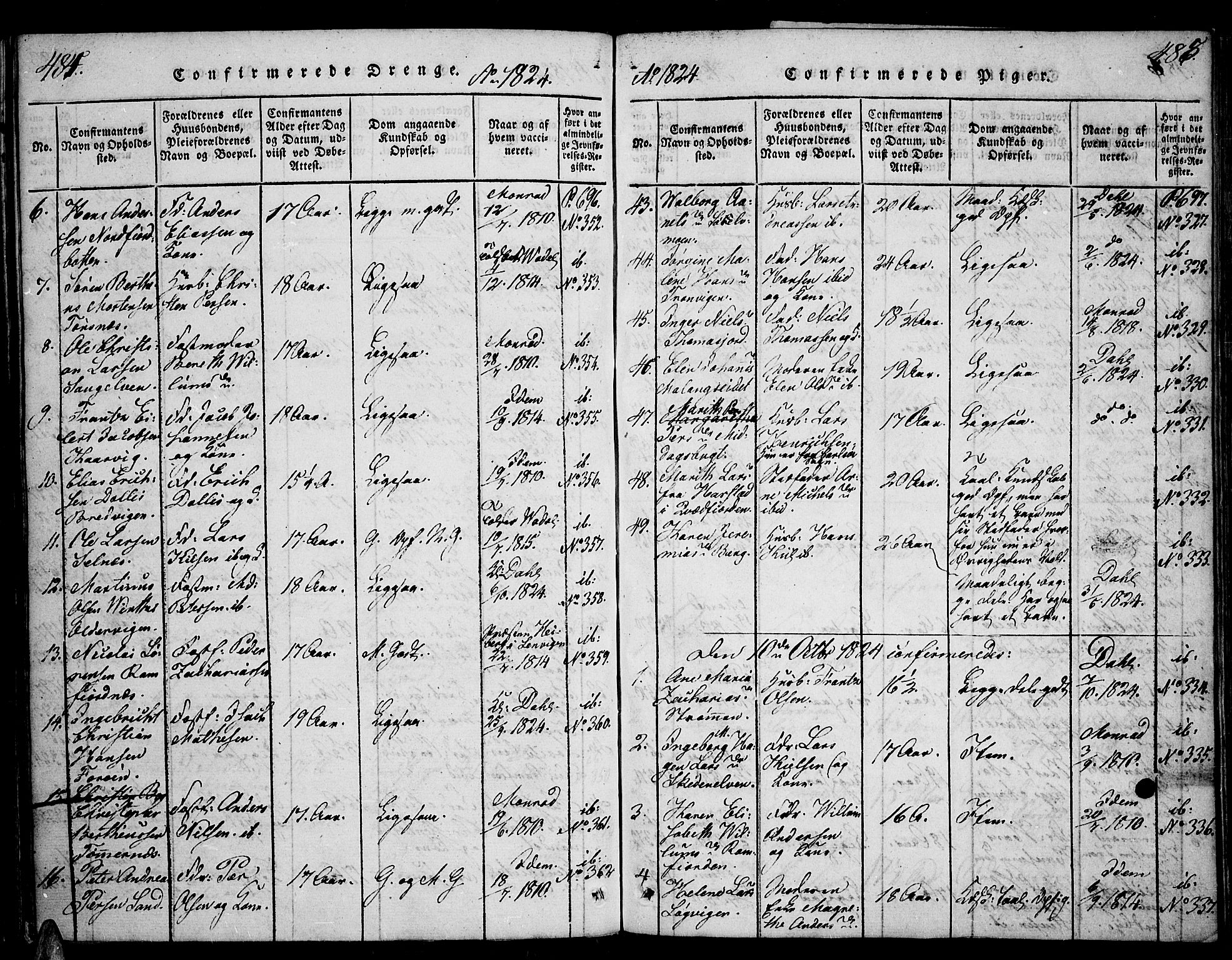 Tromsø sokneprestkontor/stiftsprosti/domprosti, AV/SATØ-S-1343/G/Ga/L0007kirke: Ministerialbok nr. 7, 1821-1828, s. 484-485