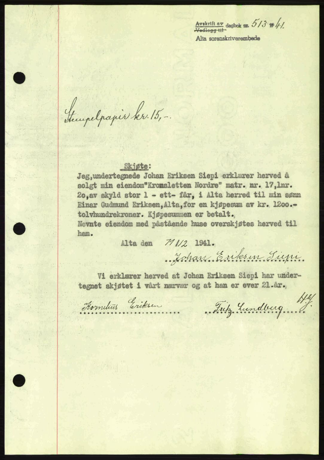 Alta fogderi/sorenskriveri, SATØ/SATØ-5/1/K/Kd/L0033pantebok: Pantebok nr. 33, 1940-1943, Dagboknr: 513/1941