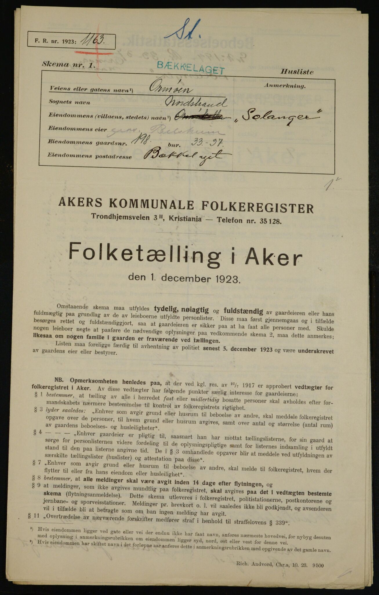 , Kommunal folketelling 1.12.1923 for Aker, 1923, s. 43428