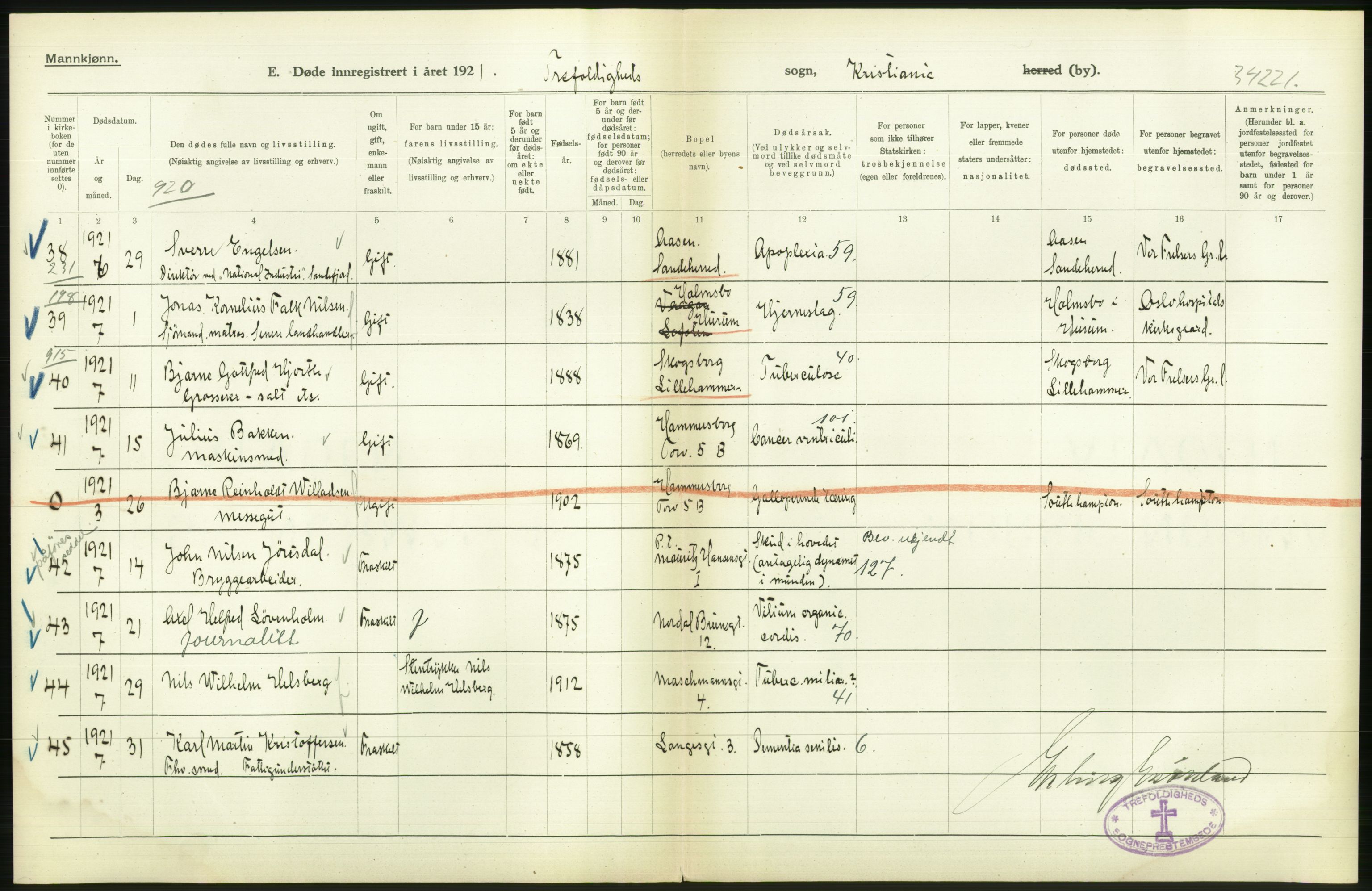 Statistisk sentralbyrå, Sosiodemografiske emner, Befolkning, AV/RA-S-2228/D/Df/Dfc/Dfca/L0012: Kristiania: Døde, 1921, s. 482