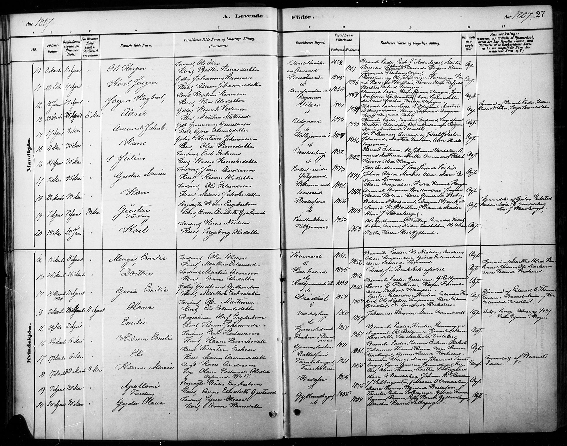 Vinger prestekontor, AV/SAH-PREST-024/H/Ha/Haa/L0015: Ministerialbok nr. 15, 1881-1900, s. 27