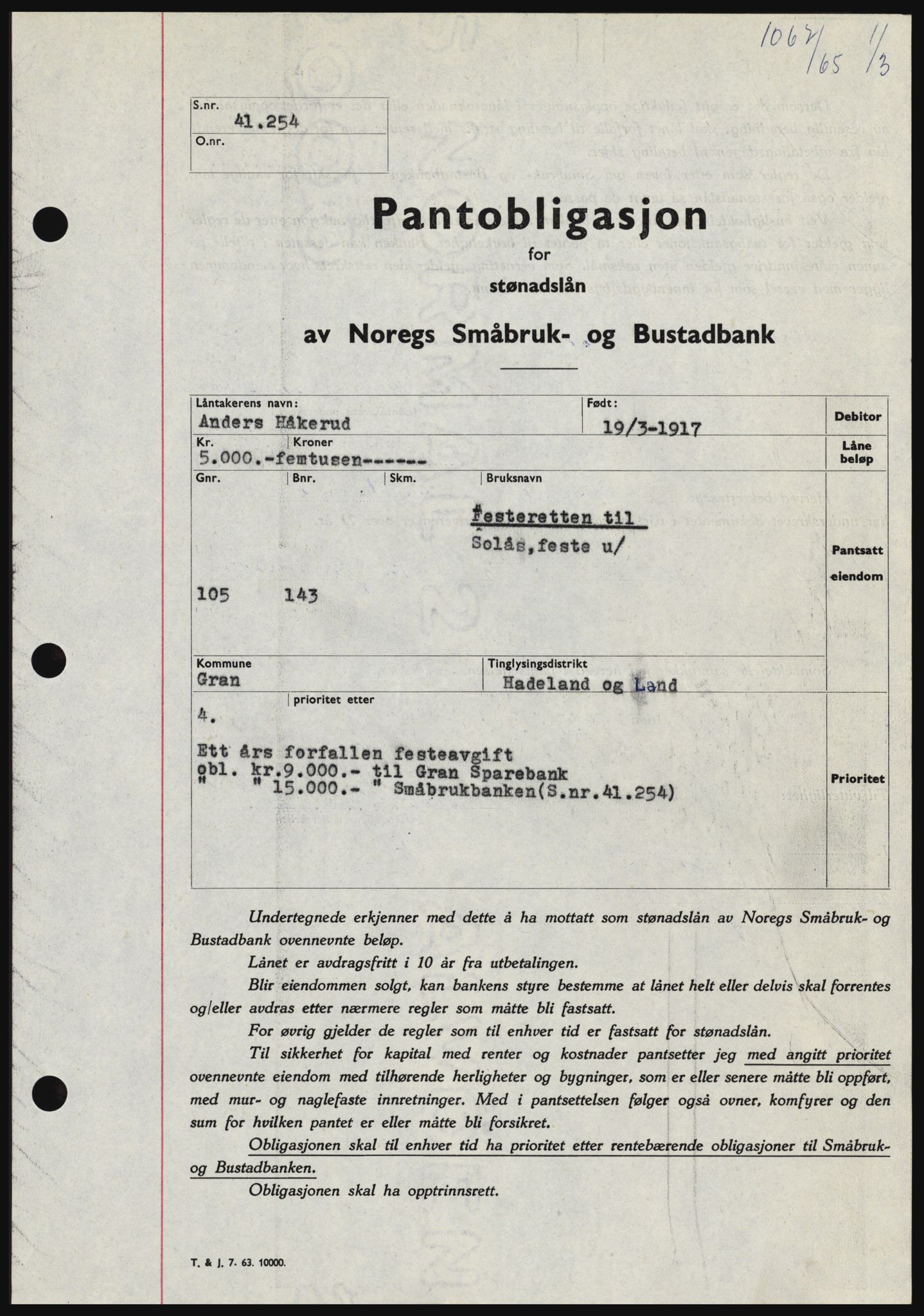 Hadeland og Land tingrett, SAH/TING-010/H/Hb/Hbc/L0058: Pantebok nr. B58, 1965-1965, Dagboknr: 1067/1965