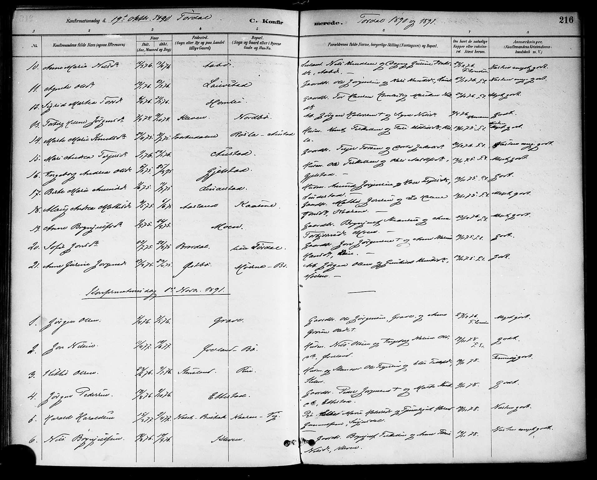 Drangedal kirkebøker, AV/SAKO-A-258/F/Fa/L0010: Ministerialbok nr. 10 /2, 1885-1894, s. 216