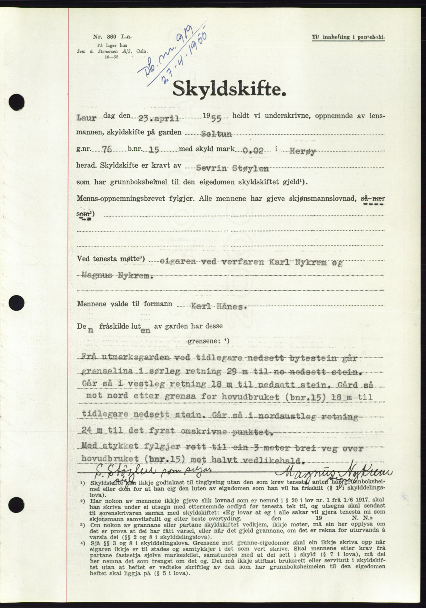 Søre Sunnmøre sorenskriveri, SAT/A-4122/1/2/2C/L0100: Pantebok nr. 26A, 1954-1955, Dagboknr: 919/1955