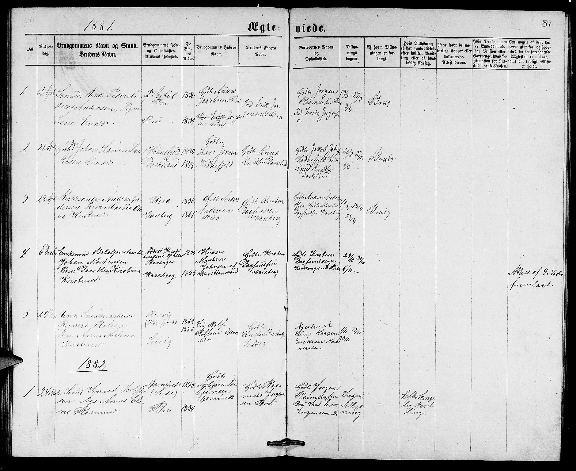 Rennesøy sokneprestkontor, AV/SAST-A -101827/H/Ha/Hab/L0005: Klokkerbok nr. B 5, 1871-1890, s. 57