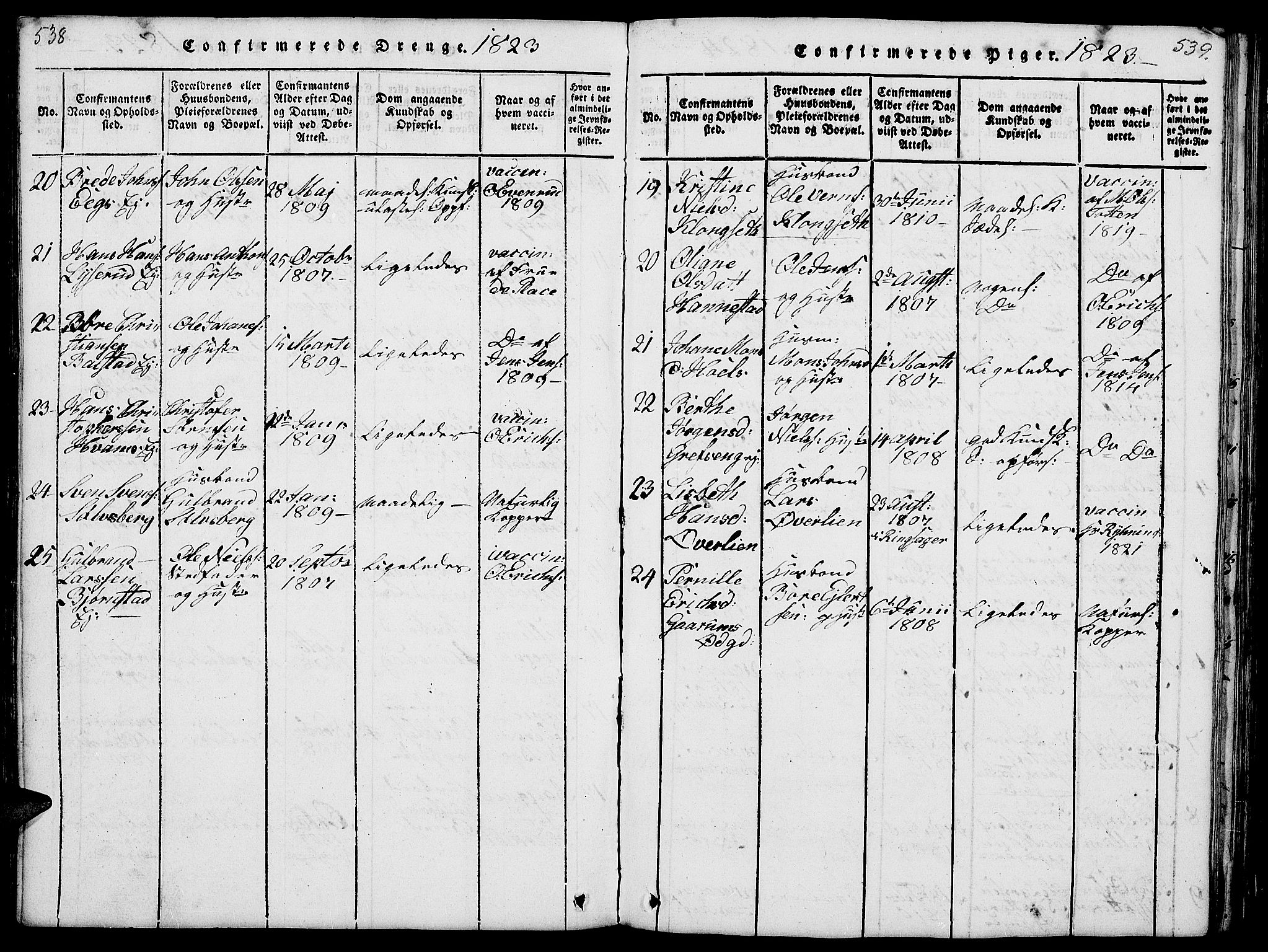 Nes prestekontor, Hedmark, SAH/PREST-020/L/La/L0003: Klokkerbok nr. 3, 1814-1831, s. 538-539