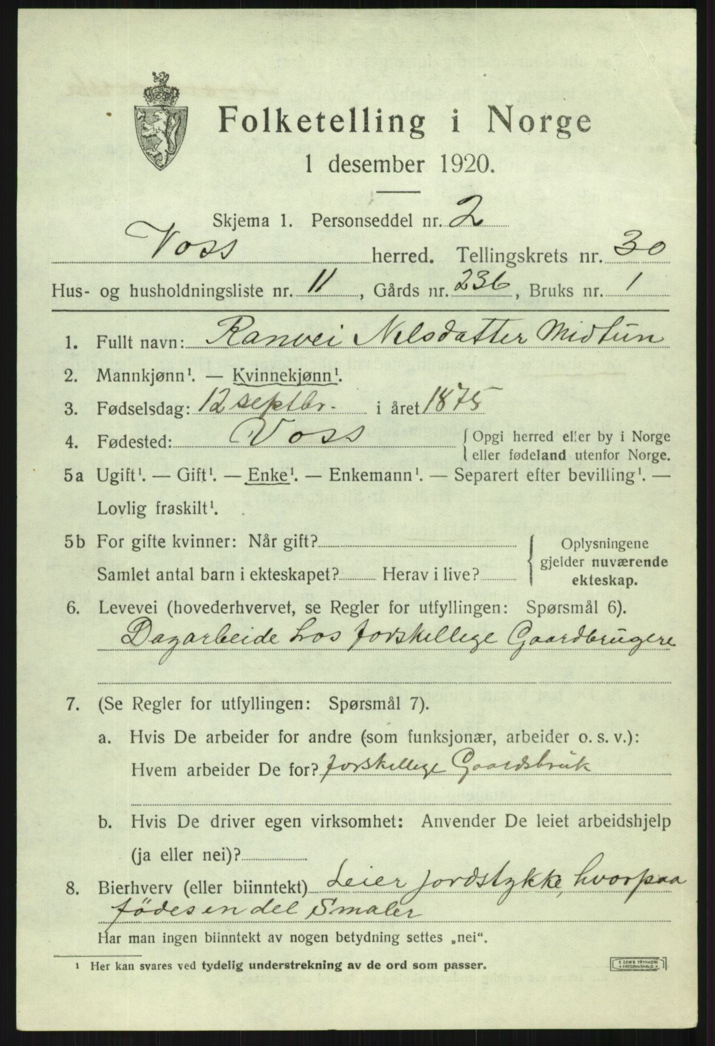 SAB, Folketelling 1920 for 1235 Voss herred, 1920, s. 19695