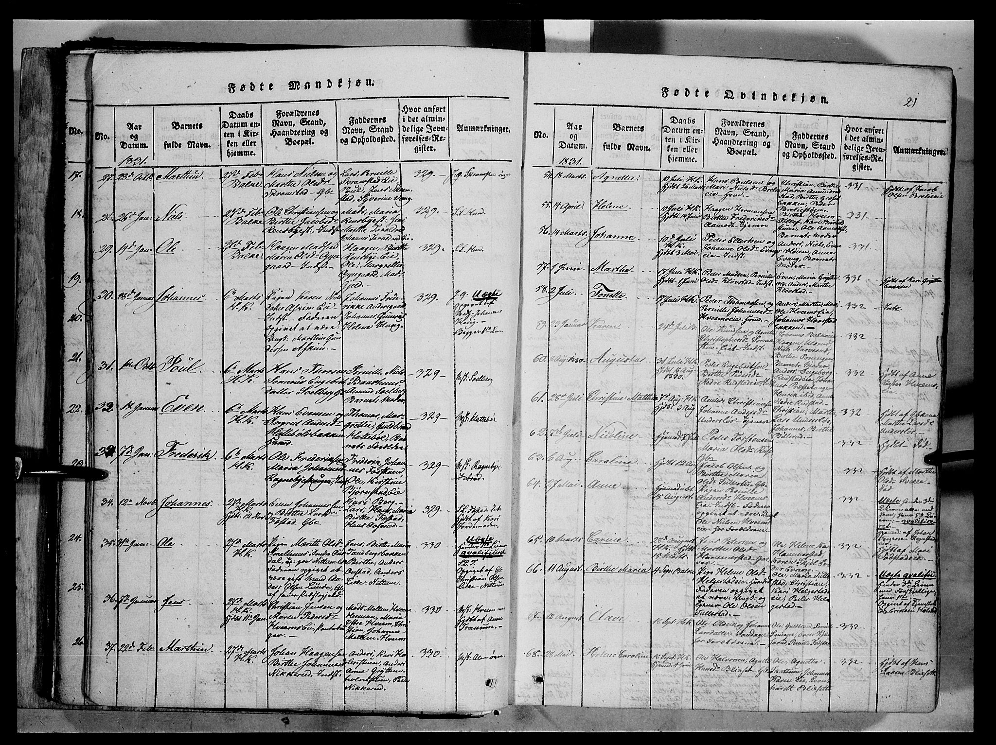 Østre Toten prestekontor, AV/SAH-PREST-104/H/Ha/Haa/L0001: Ministerialbok nr. 1, 1828-1839, s. 21