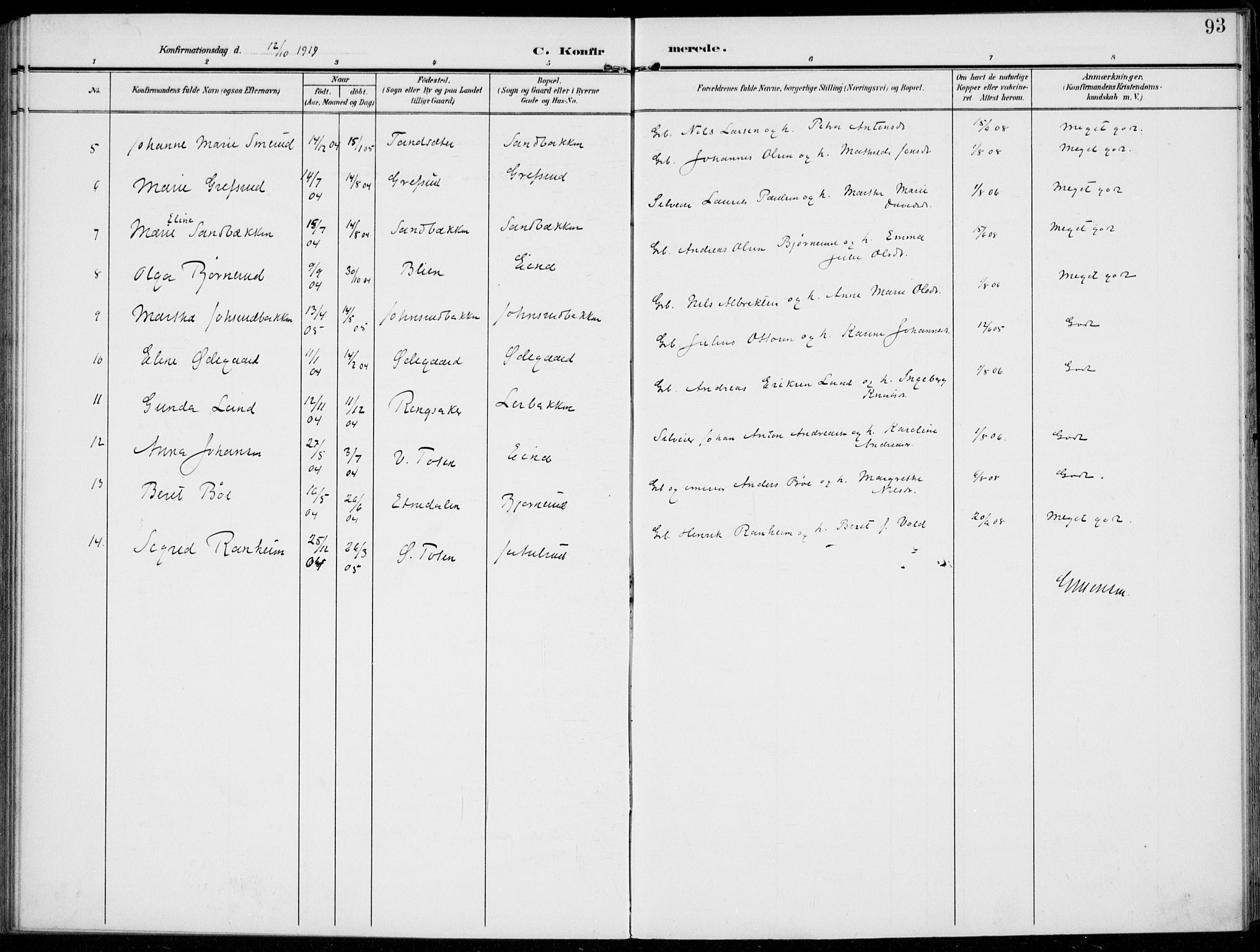 Kolbu prestekontor, SAH/PREST-110/H/Ha/Haa/L0001: Ministerialbok nr. 1, 1907-1923, s. 93