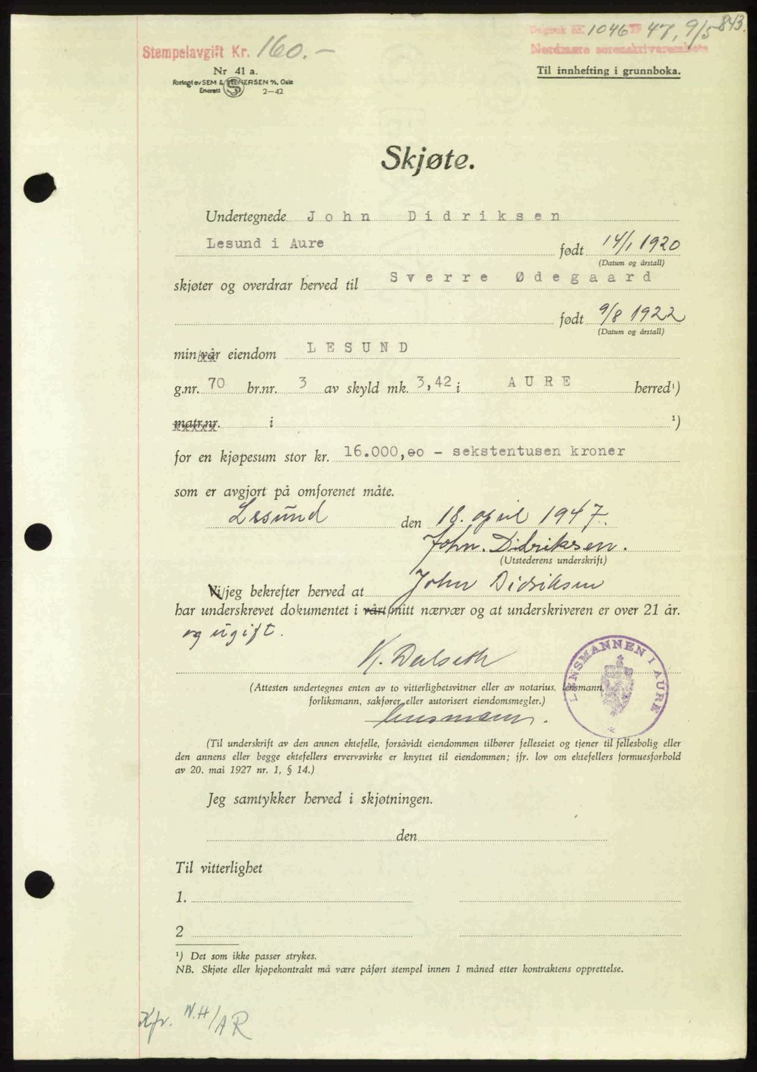 Nordmøre sorenskriveri, SAT/A-4132/1/2/2Ca: Pantebok nr. A104, 1947-1947, Dagboknr: 1046/1947