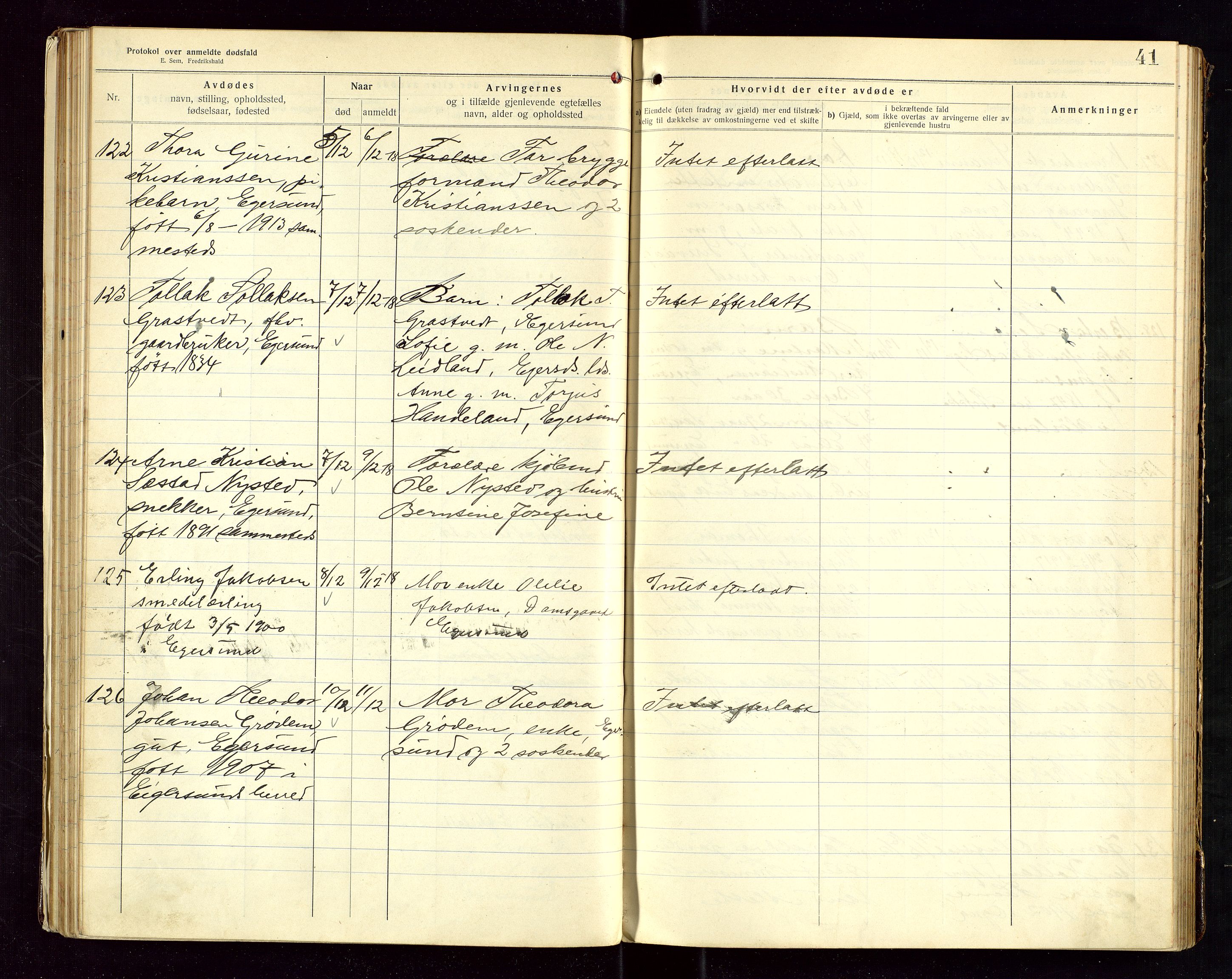 Eigersund lensmannskontor, AV/SAST-A-100171/Gga/L0007: "Protokol over anmeldte dødsfald" m/alfabetisk navneregister, 1917-1920, s. 41