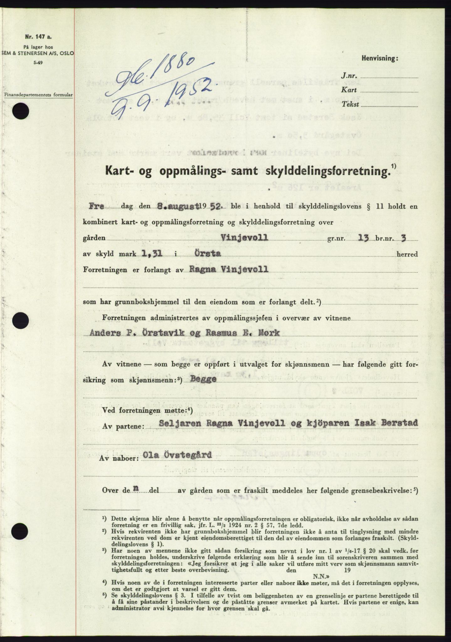 Søre Sunnmøre sorenskriveri, SAT/A-4122/1/2/2C/L0093: Pantebok nr. 19A, 1952-1953, Dagboknr: 1880/1952