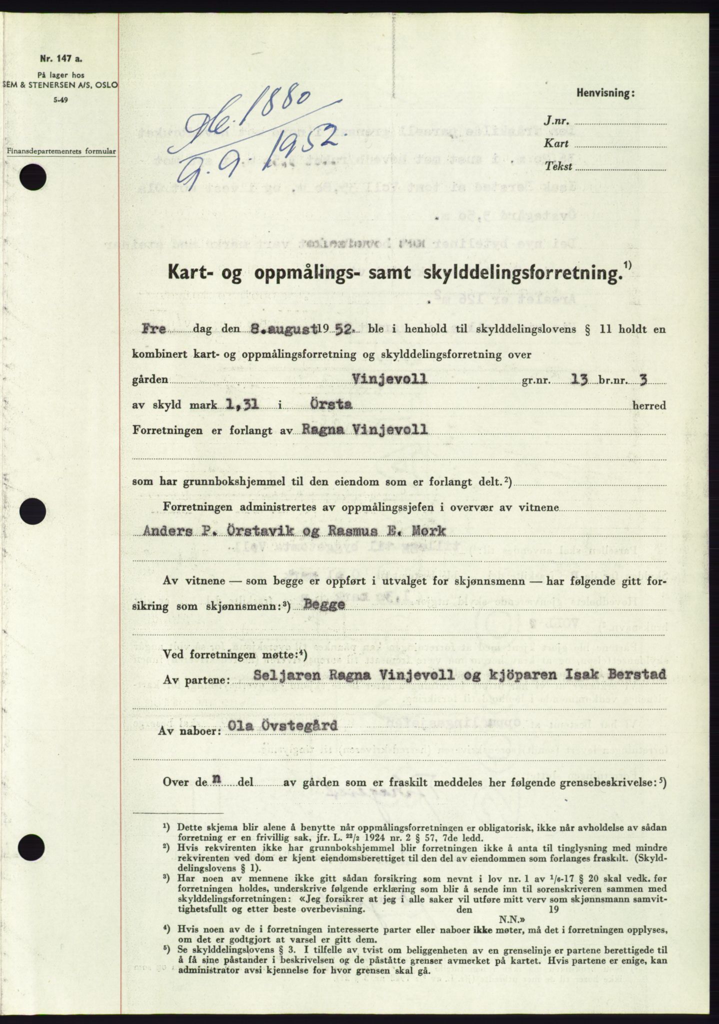 Søre Sunnmøre sorenskriveri, AV/SAT-A-4122/1/2/2C/L0093: Pantebok nr. 19A, 1952-1953, Dagboknr: 1880/1952