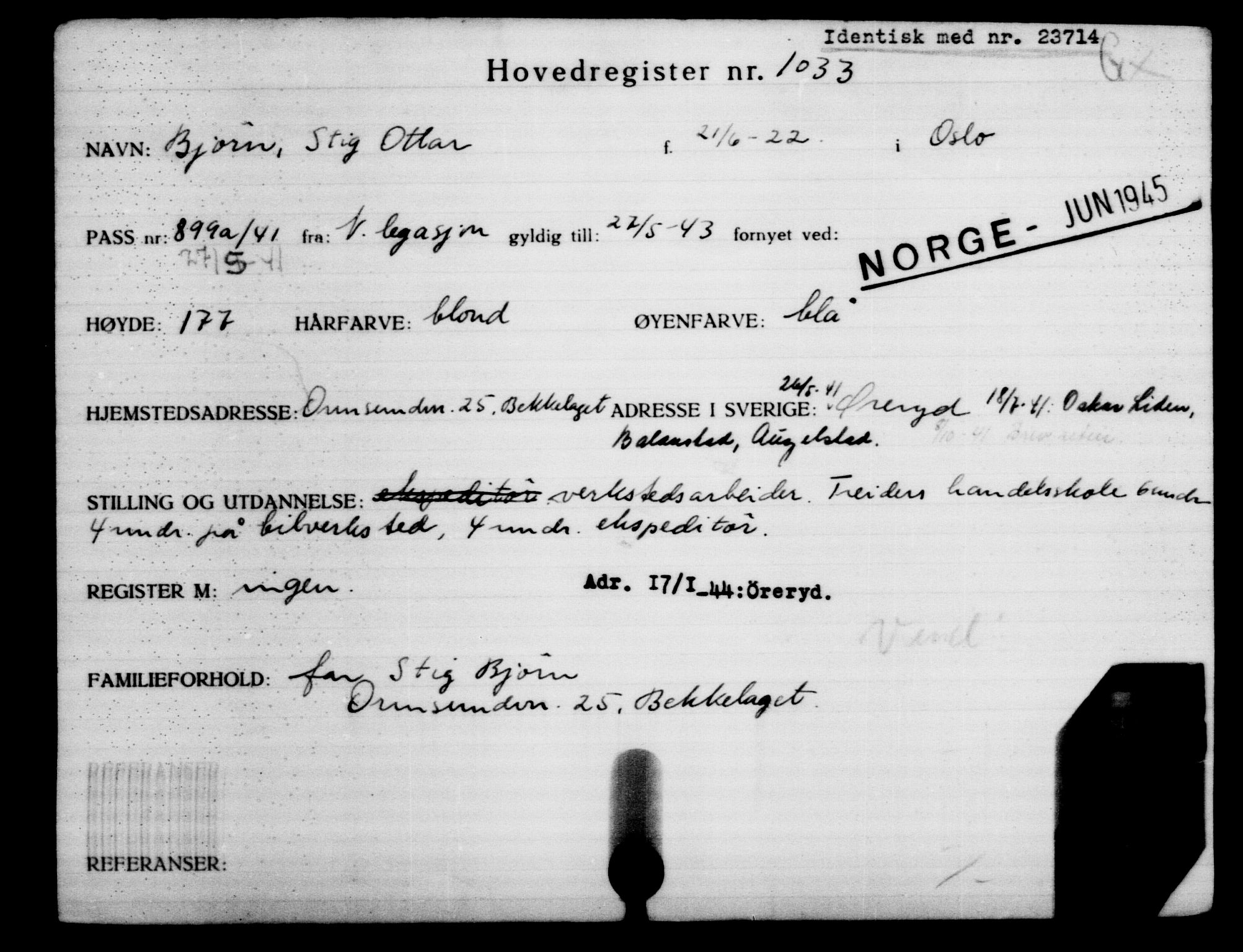 Utenriksstasjonene, Legasjonen i Stockholm, Flyktningkontoret, AV/RA-S-6753/V/Va/L0002: Kjesäterkartoteket, flyktninger med registreringsnr. 1001-2000, 1940-1945, s. 54