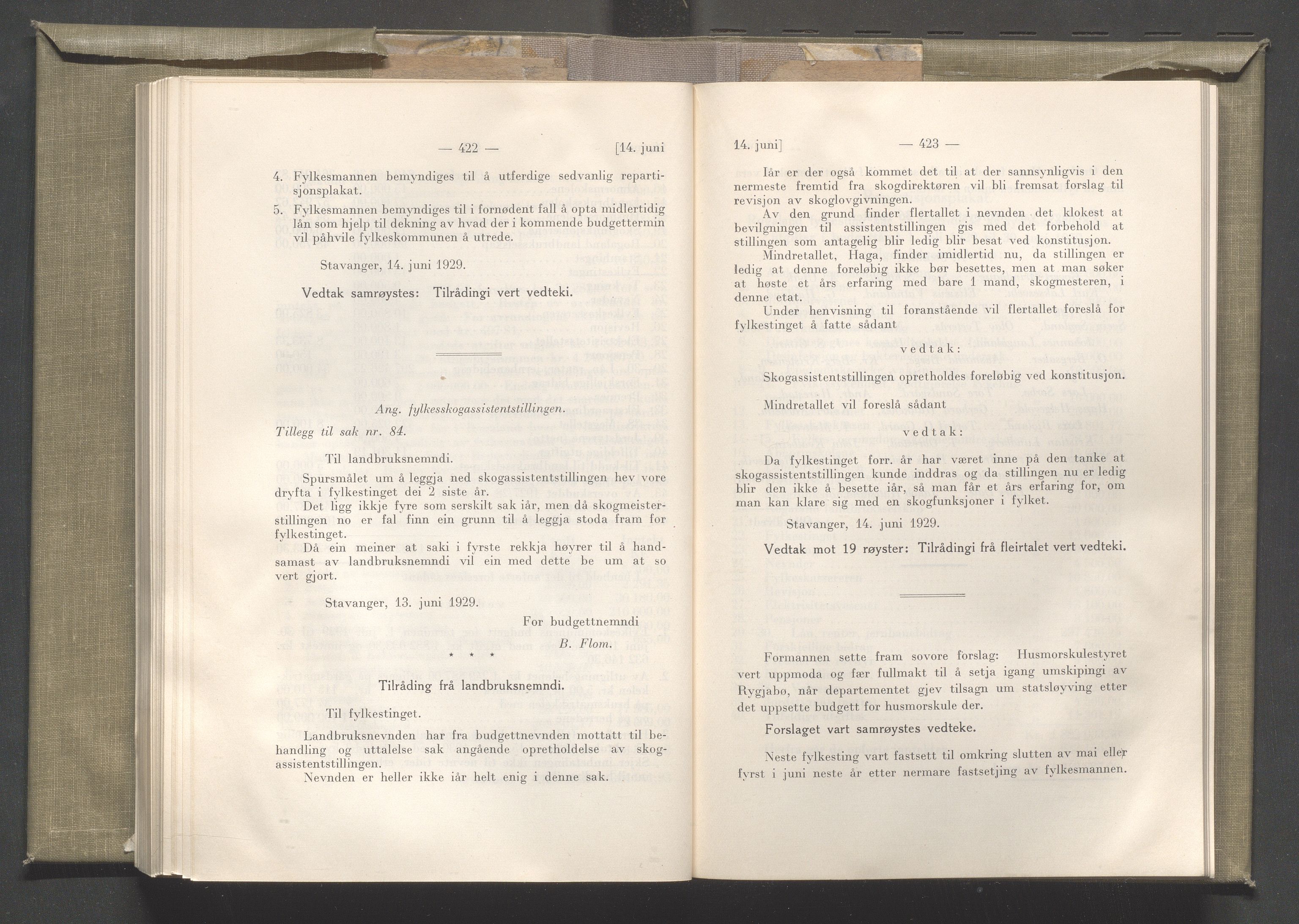 Rogaland fylkeskommune - Fylkesrådmannen , IKAR/A-900/A/Aa/Aaa/L0048: Møtebok , 1929, s. 422-423