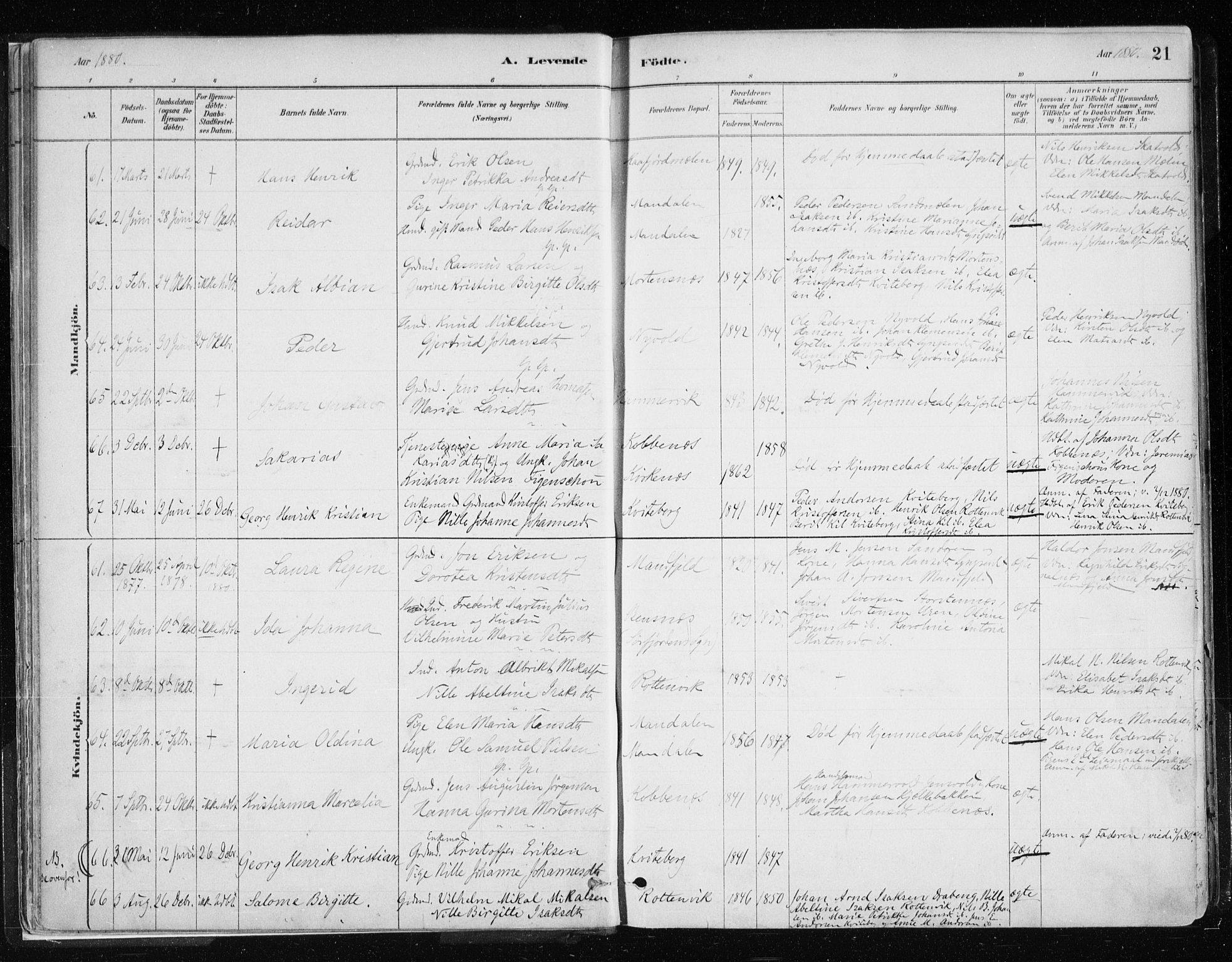 Lyngen sokneprestembete, AV/SATØ-S-1289/H/He/Hea/L0007kirke: Ministerialbok nr. 7, 1879-1890, s. 21