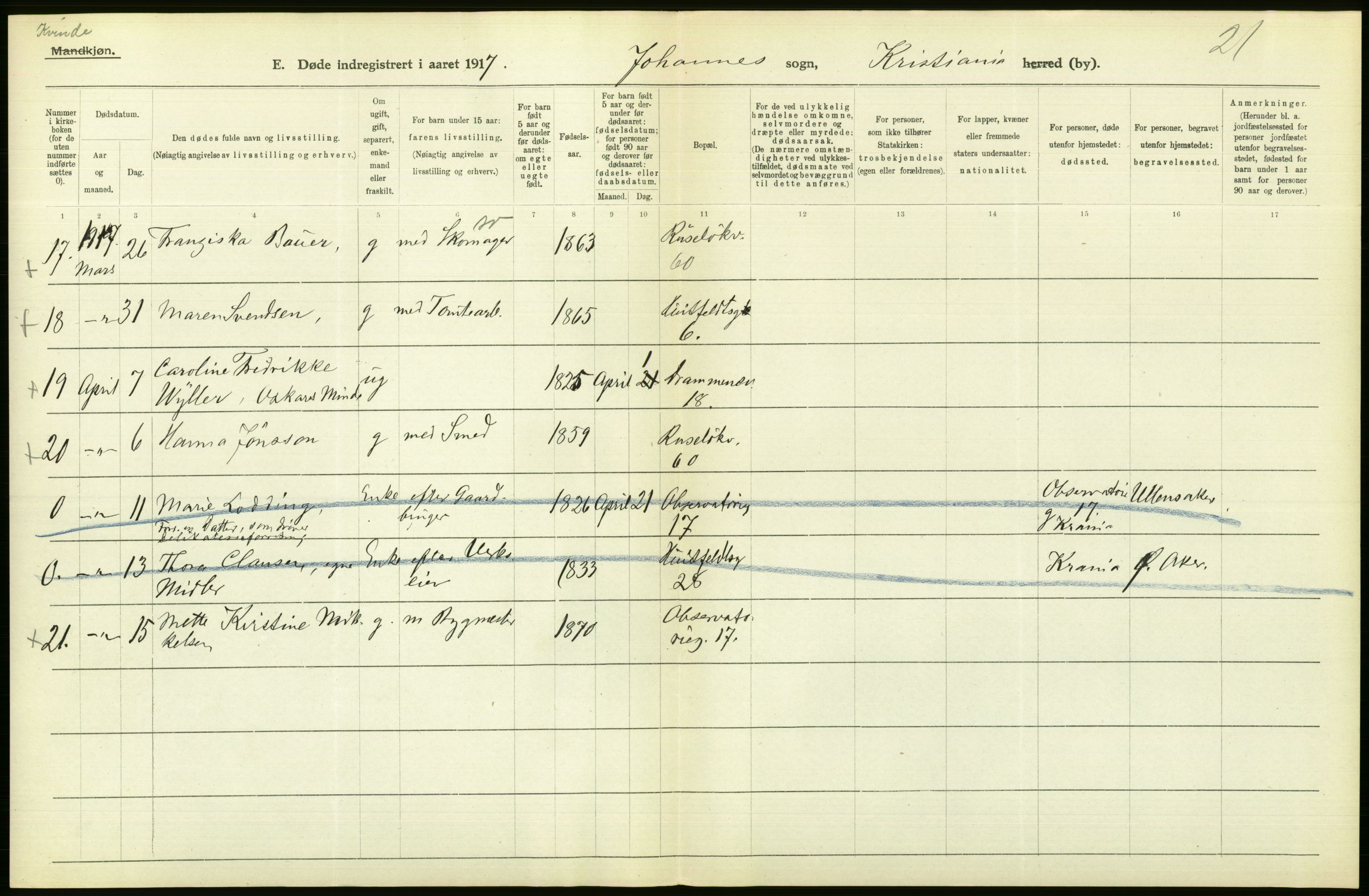 Statistisk sentralbyrå, Sosiodemografiske emner, Befolkning, AV/RA-S-2228/D/Df/Dfb/Dfbg/L0010: Kristiania: Døde, 1917, s. 324